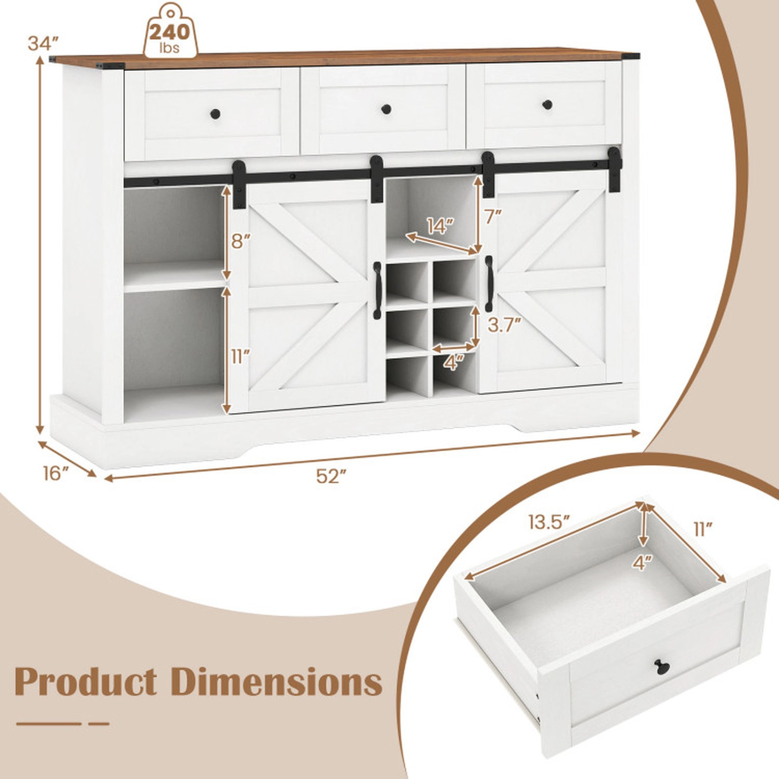 SUGIFT 52-in 240-lb Shelf Liquor and Wine Cabinet with LED Lights Remote Control and Sliding Barn Doors