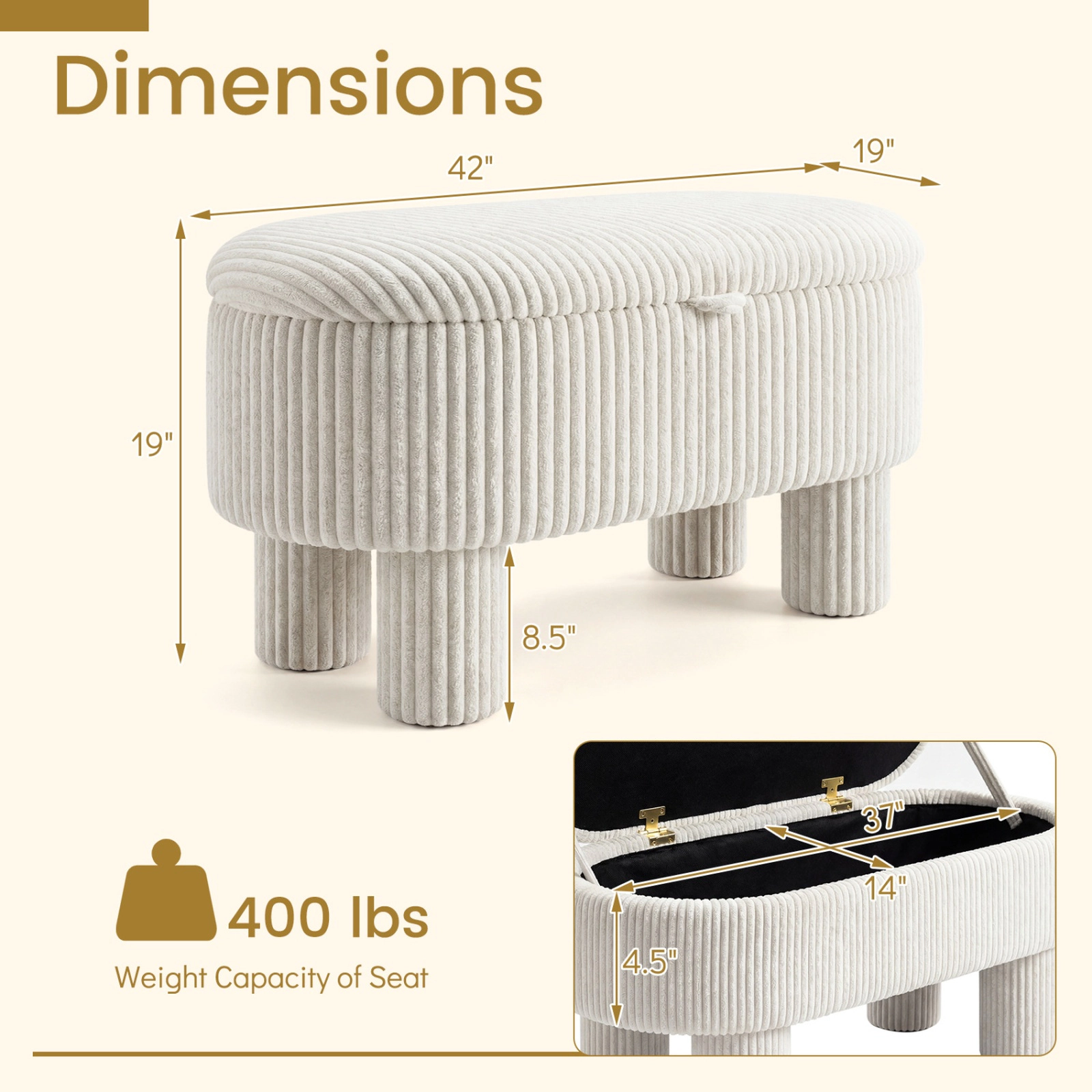 SUGIFT 42-in Corduroy Upholstered Storage Ottoman Bench Hidden Compartment 400-lb Seat Capacity 110-lb Compartment