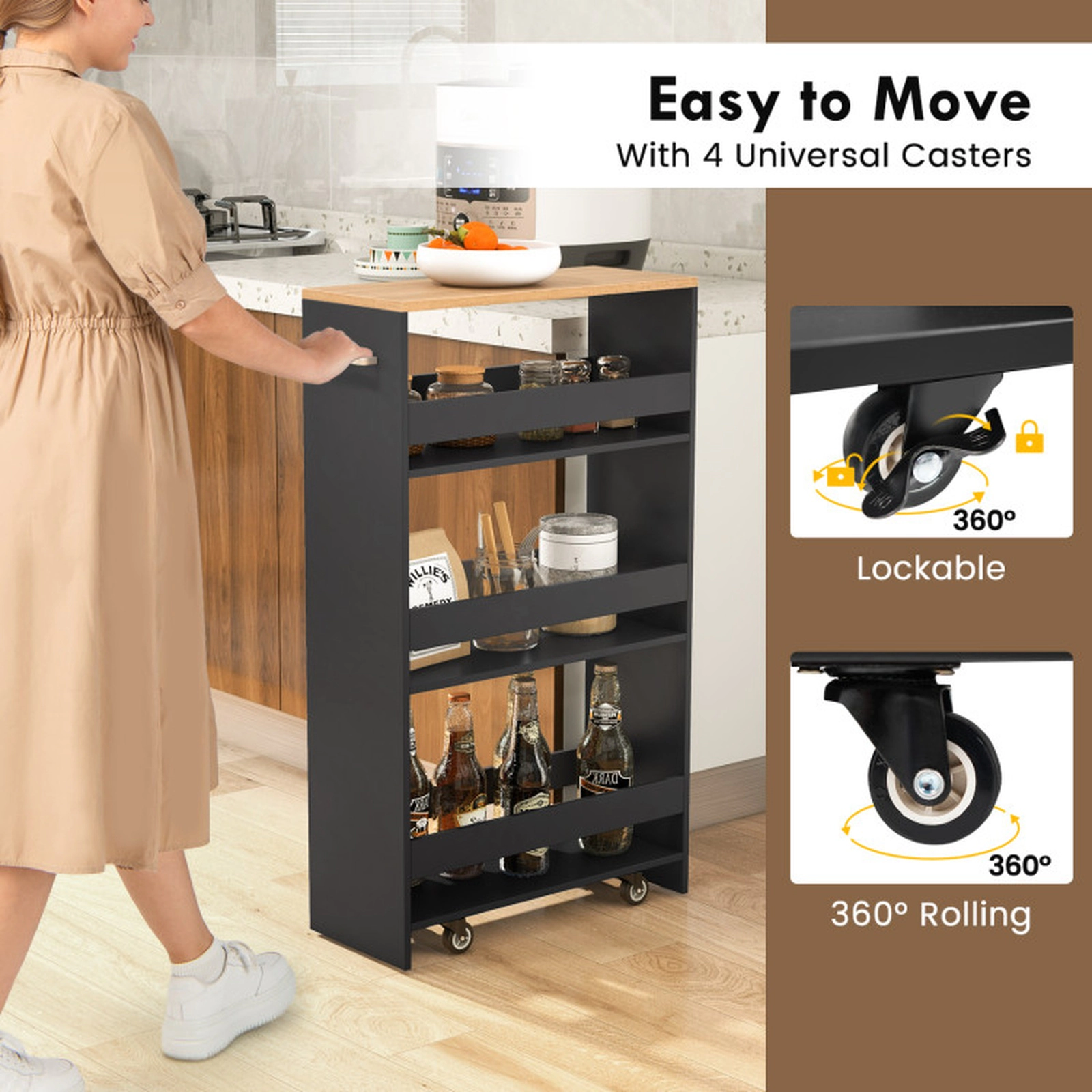SUGIFT 4-Tier Rolling Slim Kitchen Storage Cart with Open Shelves and Handle 15-lb Upper Shelves 25-lb Bottom Shelf