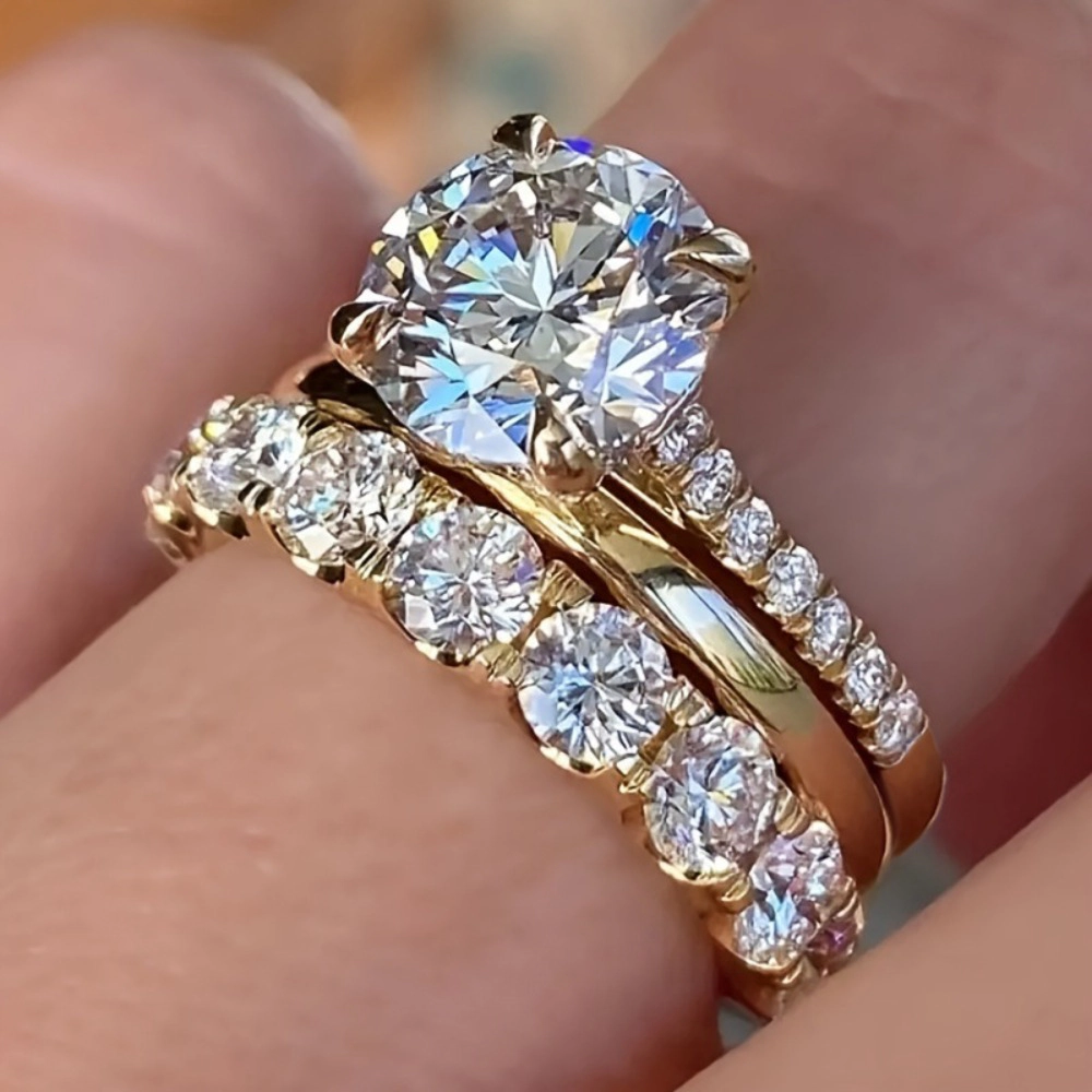 Wardrobe Whimsy Women 3‑Piece Bridal Stackable Ring Set Round Cubic Zirconia Engagement Wedding Promise