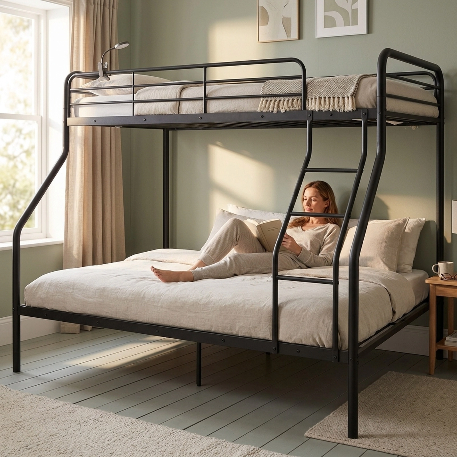 Twin Over Full Bunk Bed Metal Bunk Beds with Full Length Guardrails Integrated Ladder Black