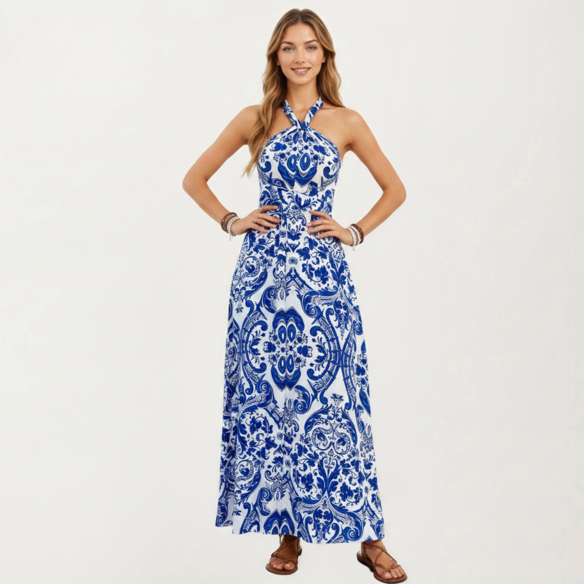 Anna-Kaci Women's Mediterranean Tile Print Halter Criss-Cross Back Maxi Dress