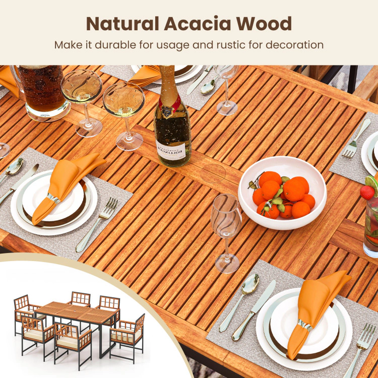 Hivvago 7 Pieces Patio Acacia Wood Dining Set With Soft Cushions And Umbrella Hole-Natural