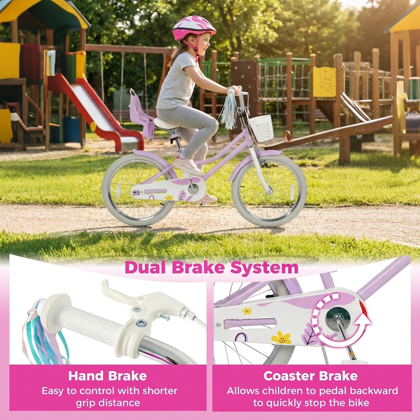SUGIFT 20-in 166-lb Capacity Girls Bike with Doll Seat Streamers Kickstand and Dual Brake System