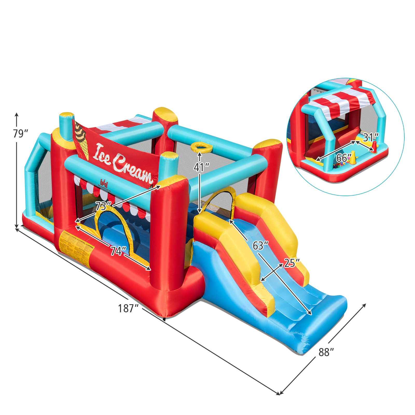 5-in-1 Ice Cream Inflatable Bounce House with Slide Ball Pit 50 Ocean Balls Basketball Ring Toss