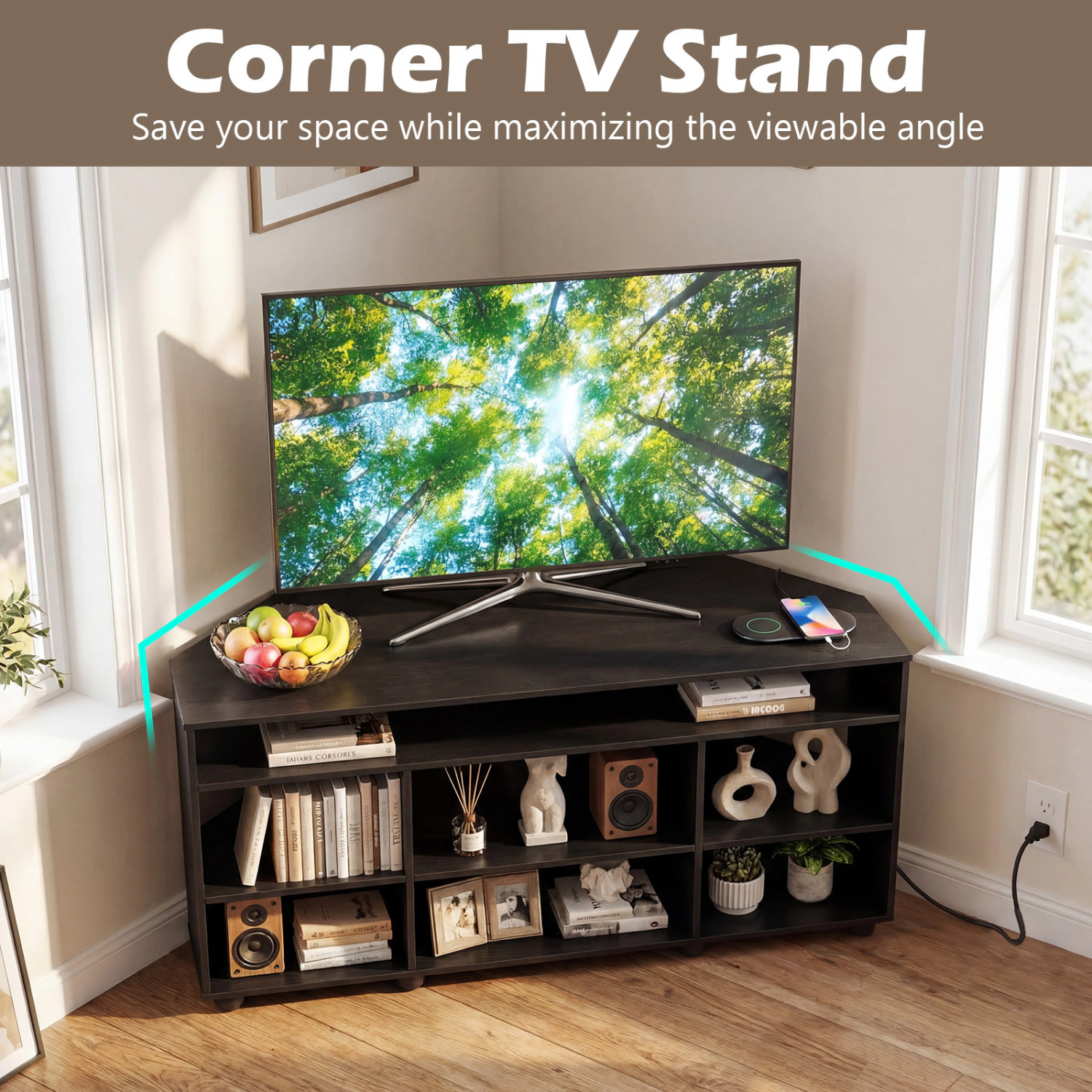 Glintex 46.5-Inch Corner TV Stand with Charging Station and Shelves