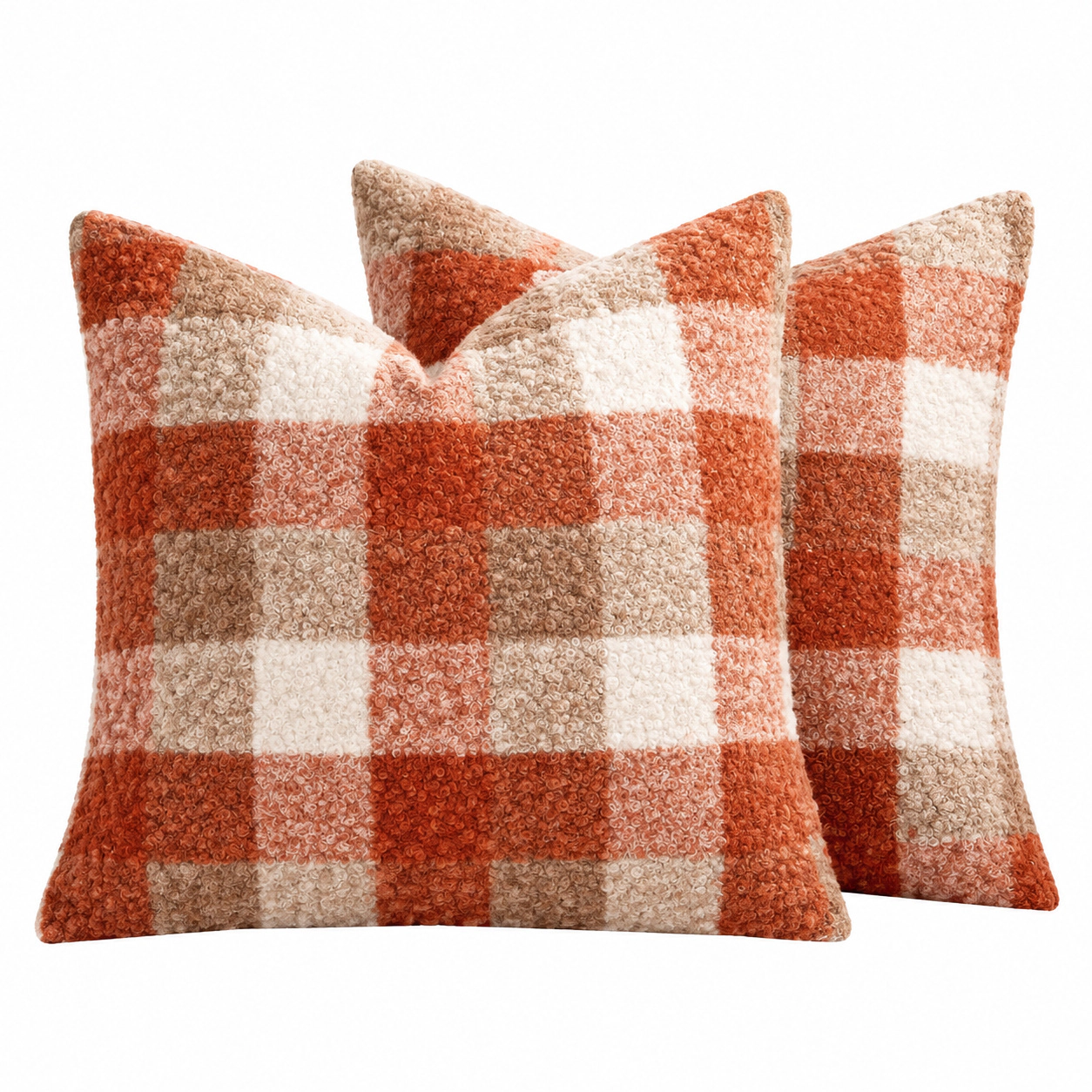 WZK Set of 2 Fall Plaid Boucle Farmhouse Cozy Pillow Covers