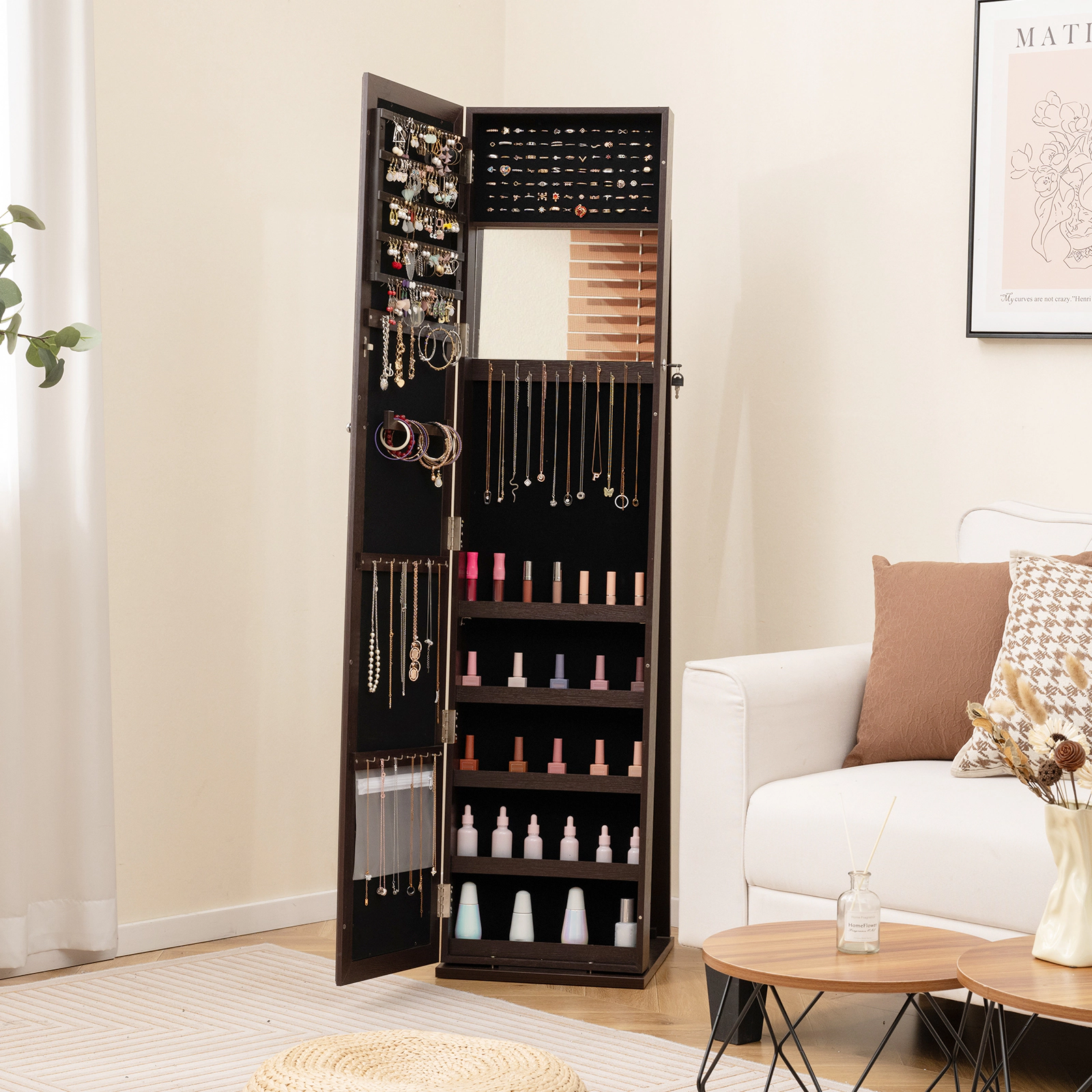 SUGIFT Standing Lockable Jewelry Storage Organizer with Full-Length Mirror 62-in Tall 14.5 x 15 in Base Coffee Brown