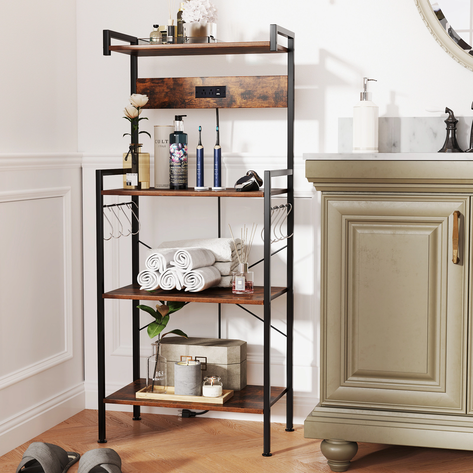 SUGIFT 4-Tier Kitchen Bakers Rack Shelving Unit with Power Outlet 55-lb Top Shelf Capacity 4-Shelf 8-Hook Rustic Brown