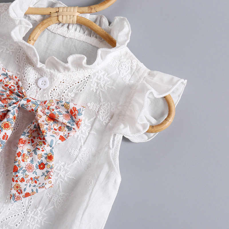 MyKids-USA Baby Girl Embroidery Pattern Round Neck Mullet Design Sleeveless Cardigan Onesies With Bow Decorations