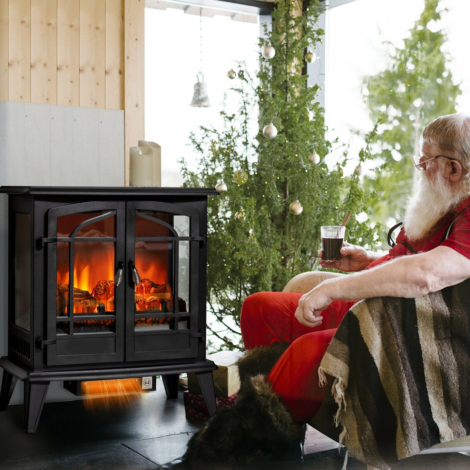 SlickBlue Black Iron Glass Electric Fireplace Heater, 1400W, 4777 BTU, 3-Sided Flame