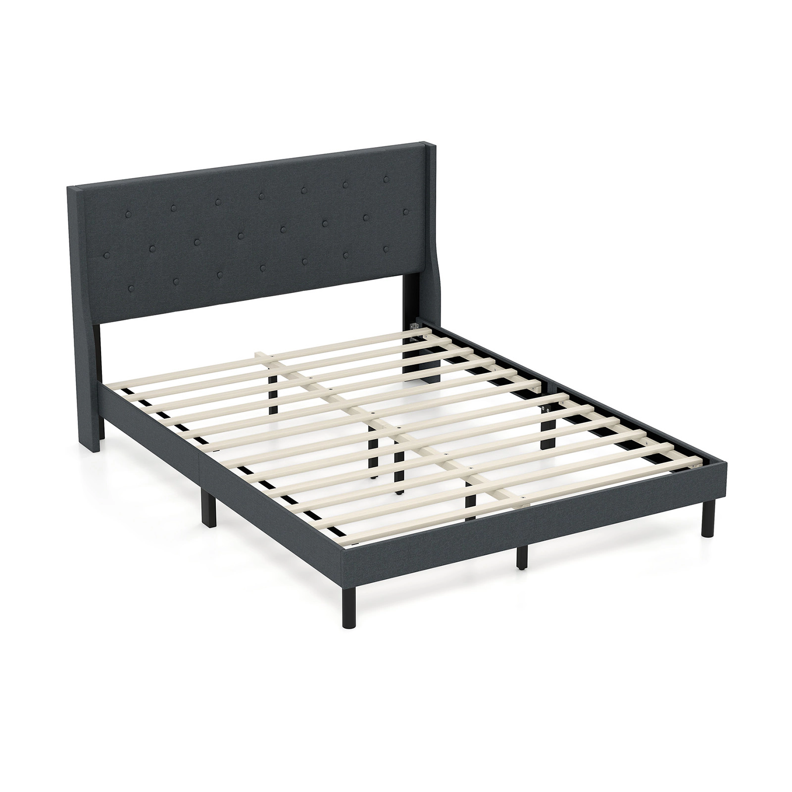 LJG Queen Size Upholstered Bed Frame with Button Tufted Wingback Headboard and Wooden Slats Support Mattress Foundation