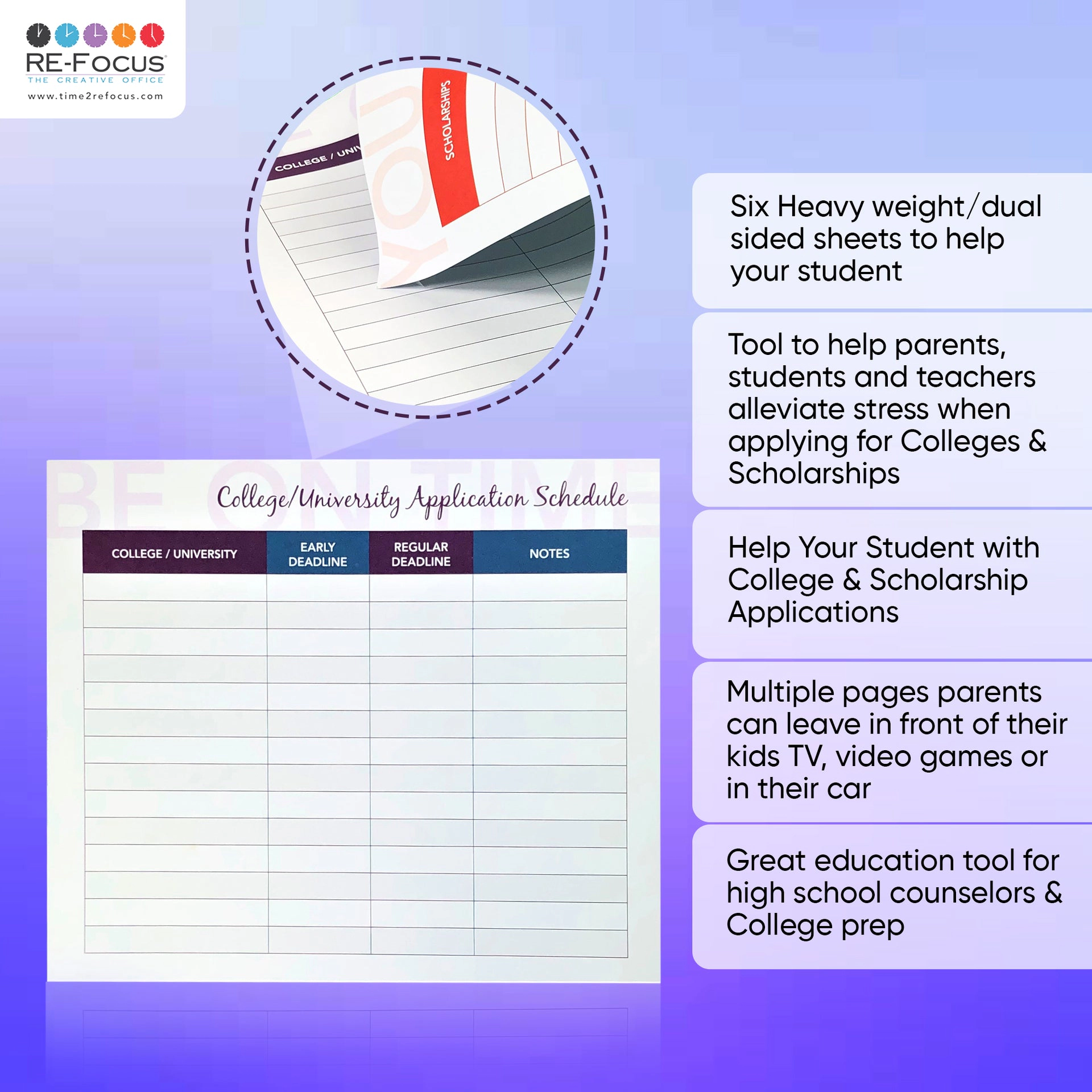 RE-FOCUS THE CREATIVE OFFICE College & Scholarship Application Timeline Sheets