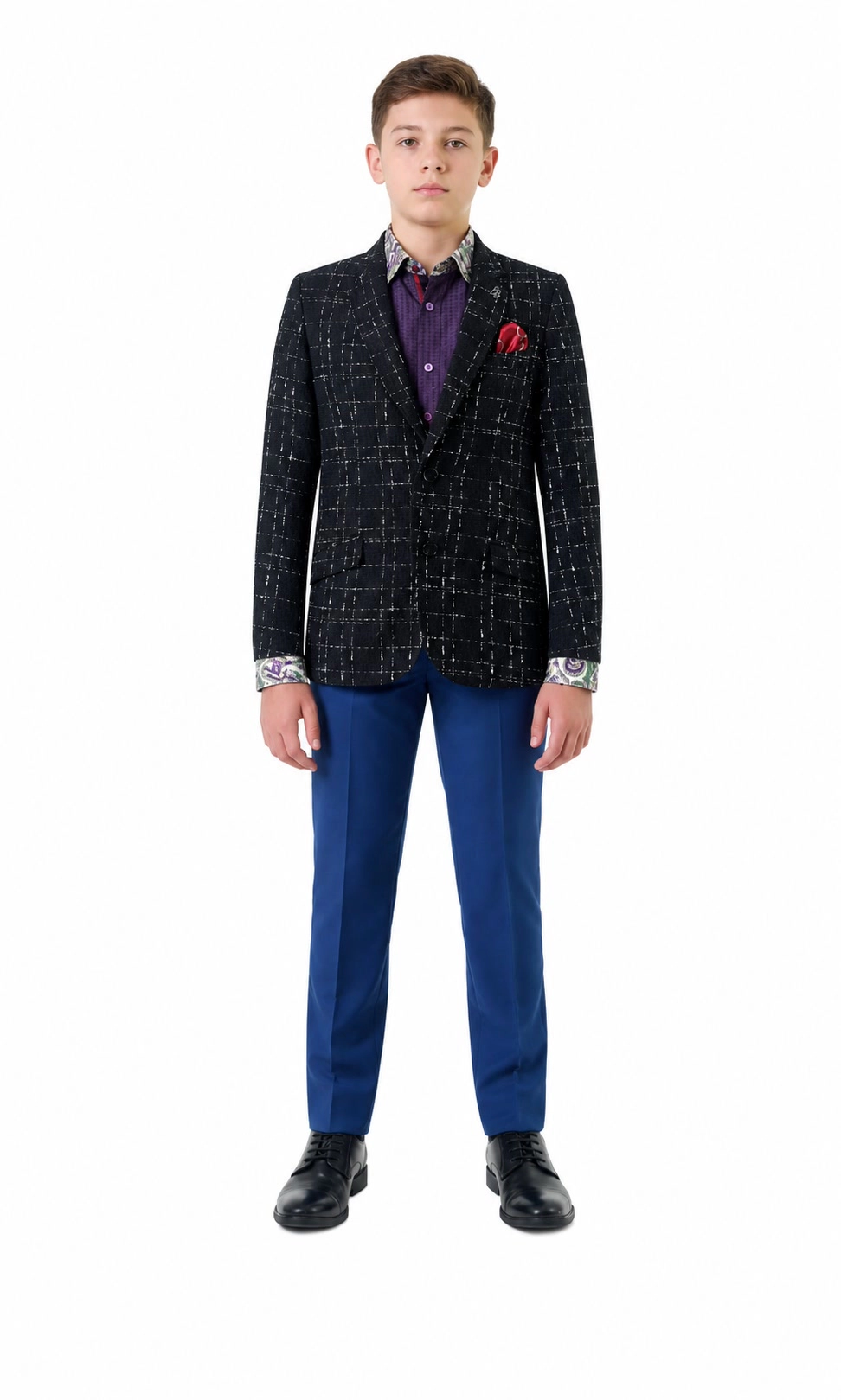 Elie Balleh Boys Slim Fit Windowpane Blazer Sports Coat