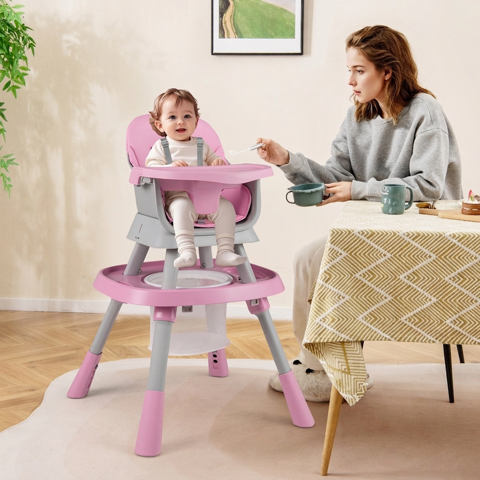 Convertible Baby High Chair and Kids Learning Table Double-Sided Craft and Building Block Tabletop 6 to 36 Months Pink