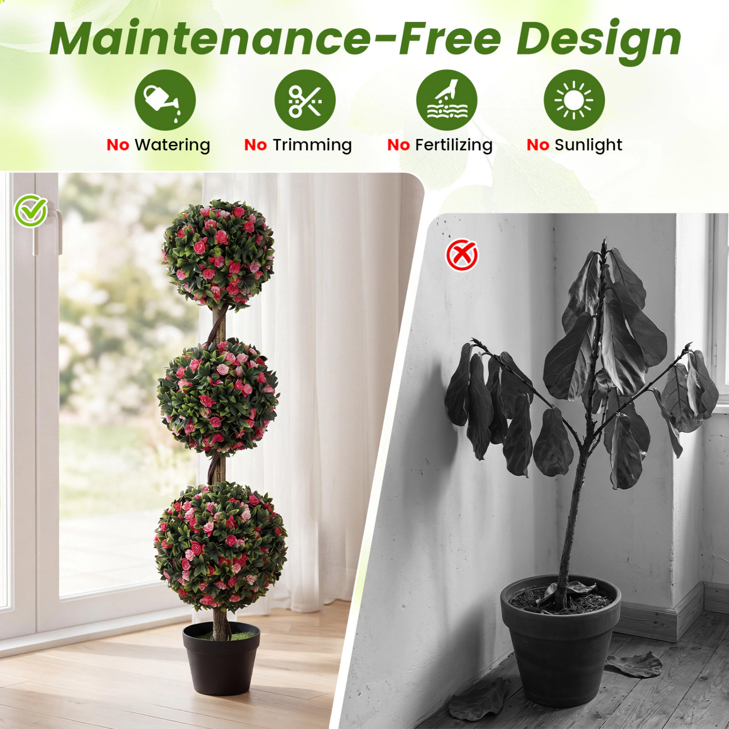 Slickblue Set of 2 Artificial 3 Ball Topiary Tree 45 Inch Potted Faux Plant for Home Office Patio Decor