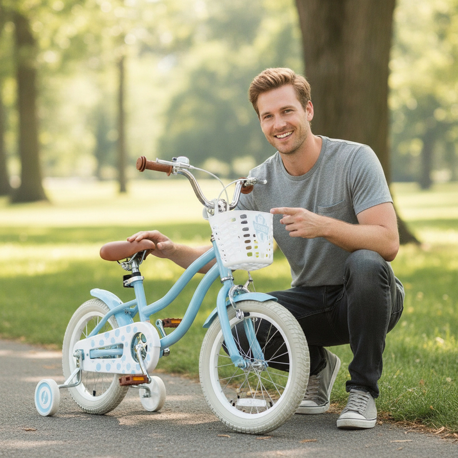 18-in Kids Bike Kickstand Removable Basket Adjustable 24-in to 28-in Saddle Training Wheels Ages 4-8 Light Blue
