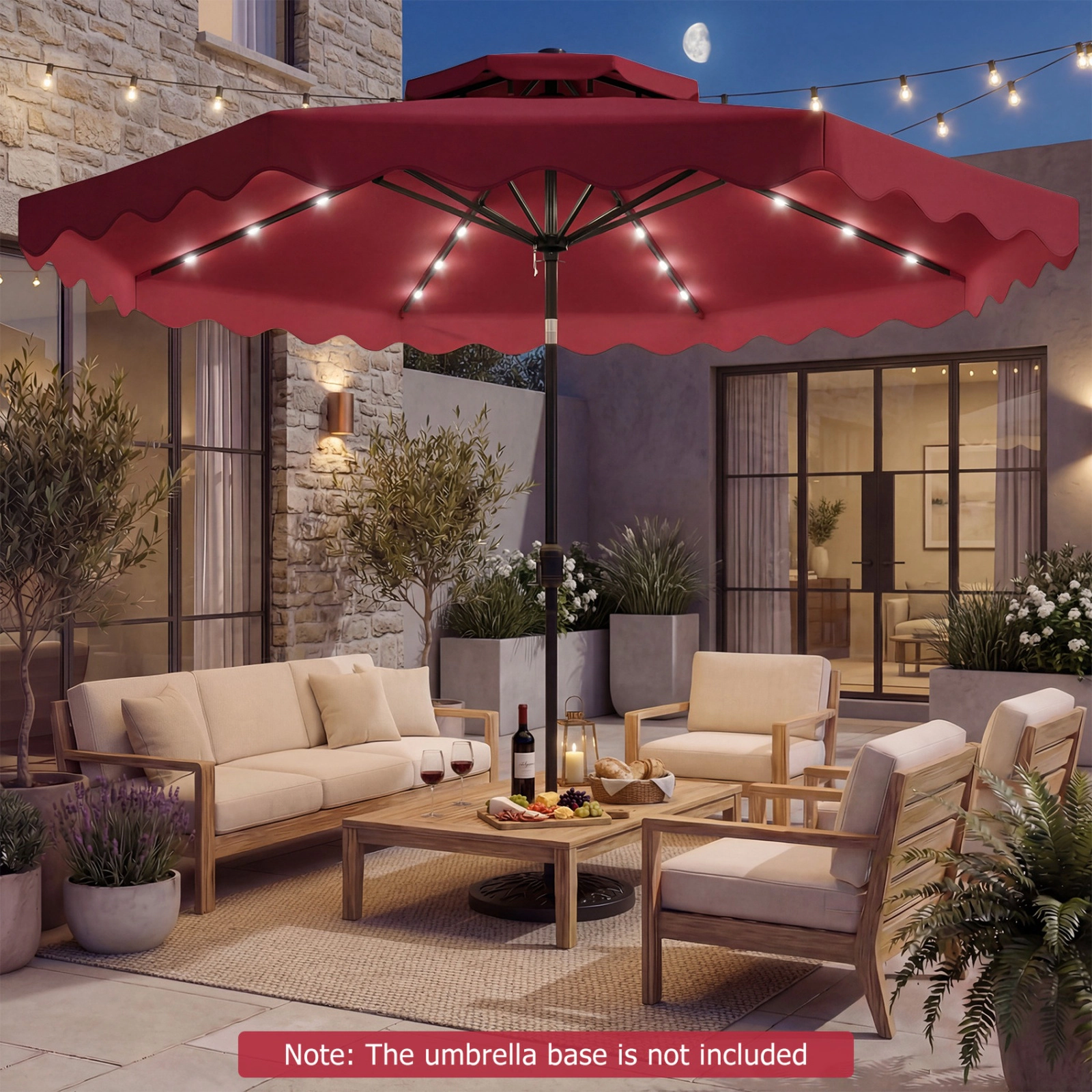 SUGIFT 9-ft Red Solar LED Market Patio Umbrella, 24 Lights, Push-Button Tilt, Crank Lift