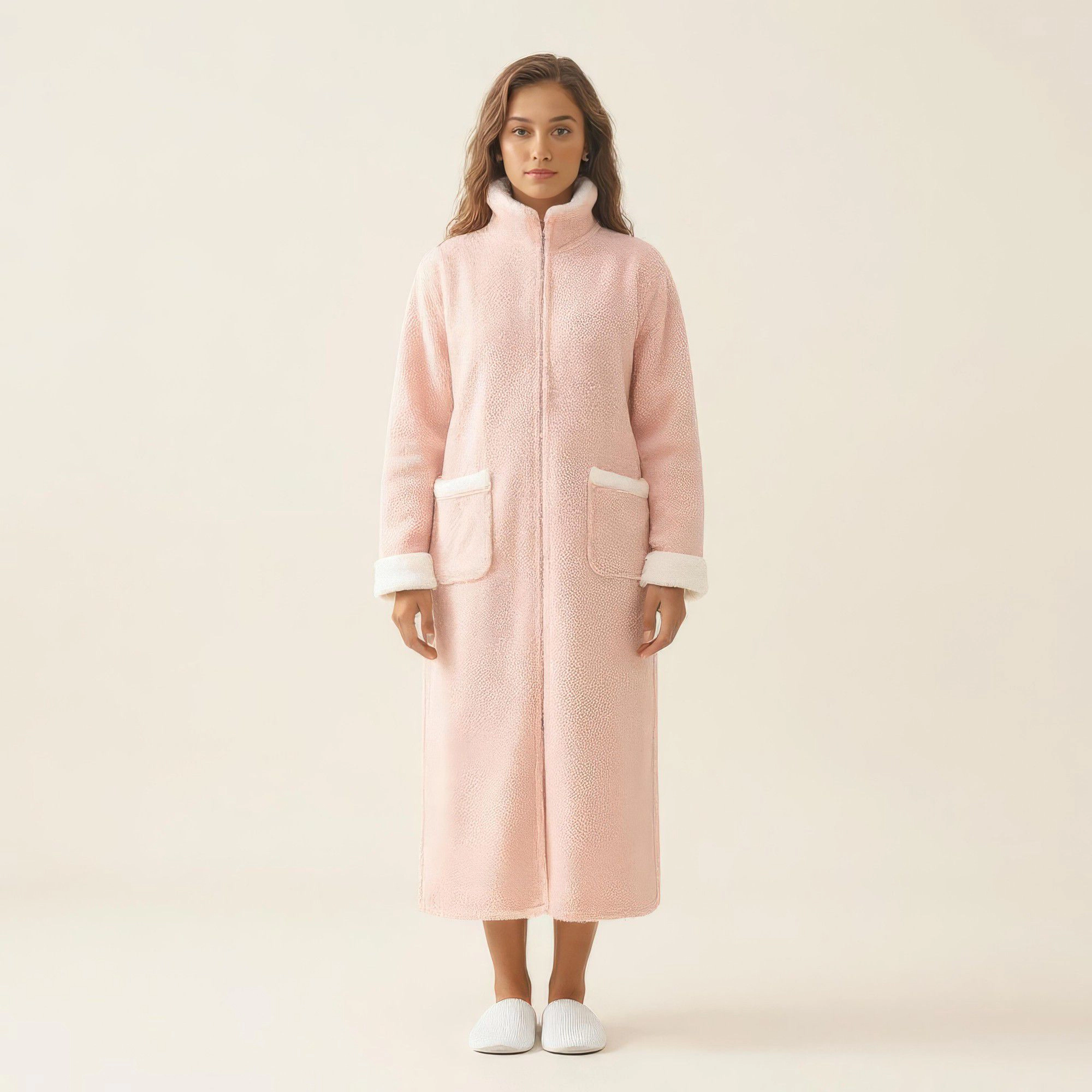 Anna-Kaci Women's Long Plush Zip Front Robe with Stand Collar Pockets Soft Fleece