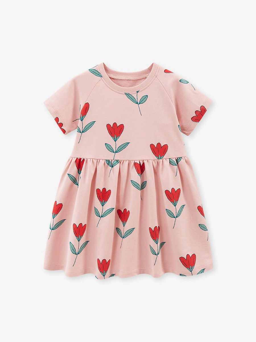 MyKids-USA Spring And Summer Baby Girls Pink Short Sleeves Flowers Collection Dress