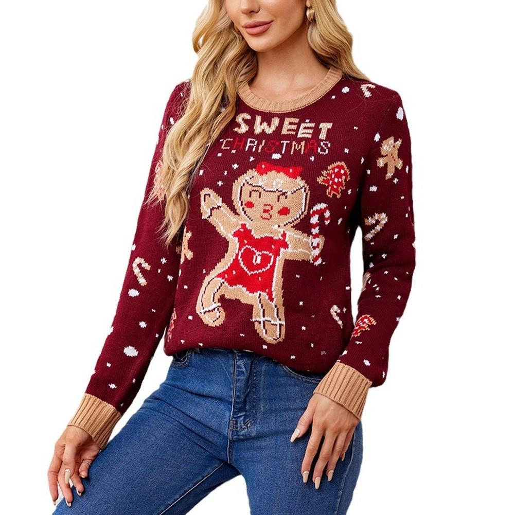 KOJOOIN Women's Christmas Sweater With Gingerbread Man Pattern, Long Sleeve Pullover