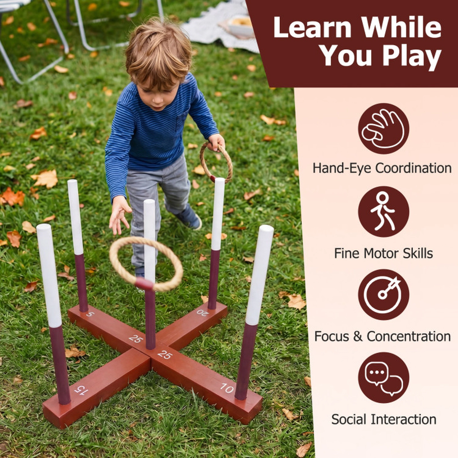 SUGIFT Brown Wooden Kids Ring Toss Game with 6 Hemp Rope Rings and Storage Bag 24-in W 16.5-in H Ages 3+