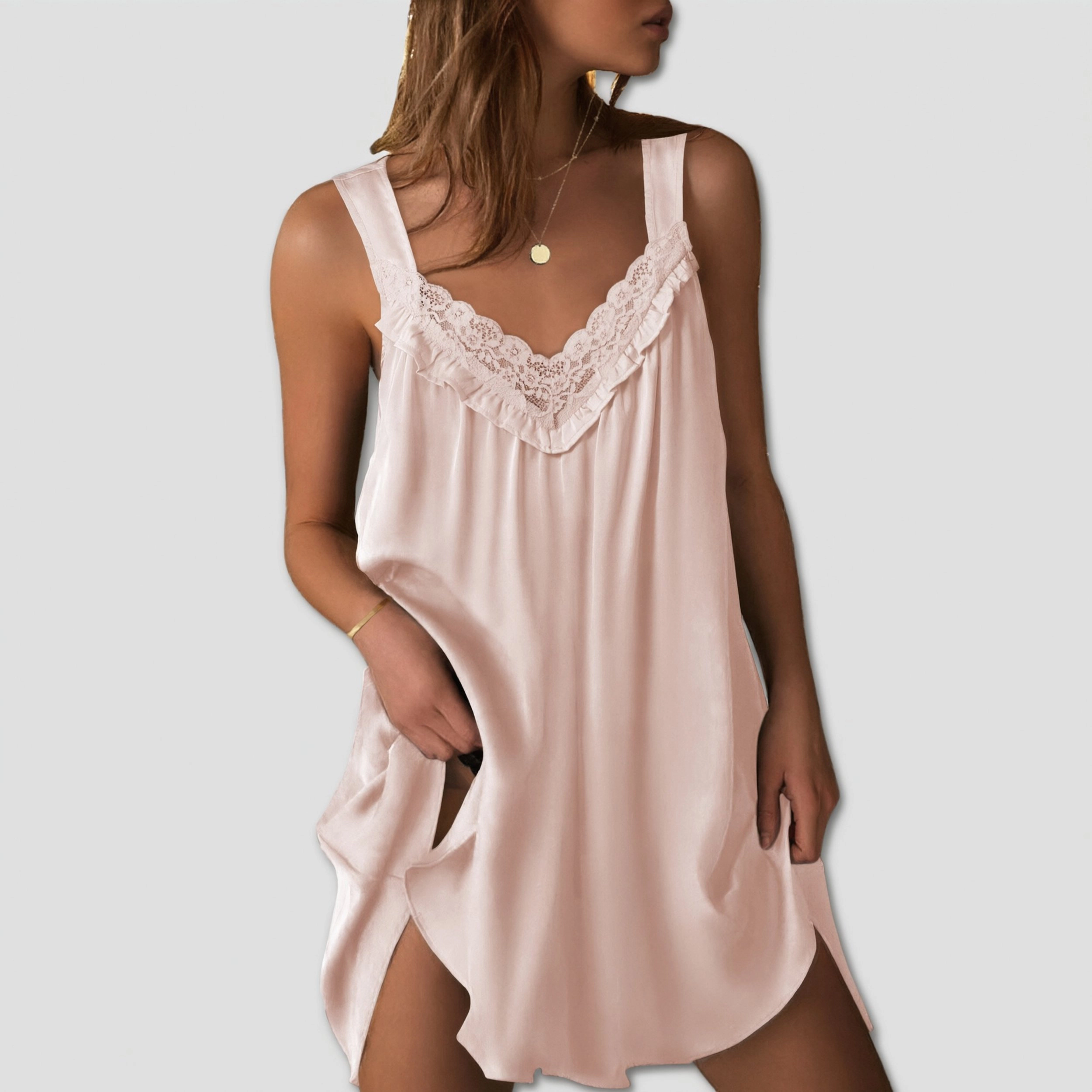 Ekouaer Women's V Neck Lace Trim Sleeveless Satin Slip Nightgown