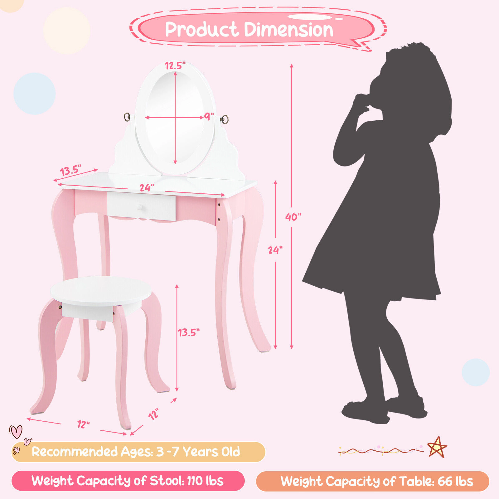 SUGIFT 2-in-1 Detachable Kids Vanity Table & Stool Set 360° Rotatable Mirror 66-lb Tabletop Capacity Ages 3-7 Pink +