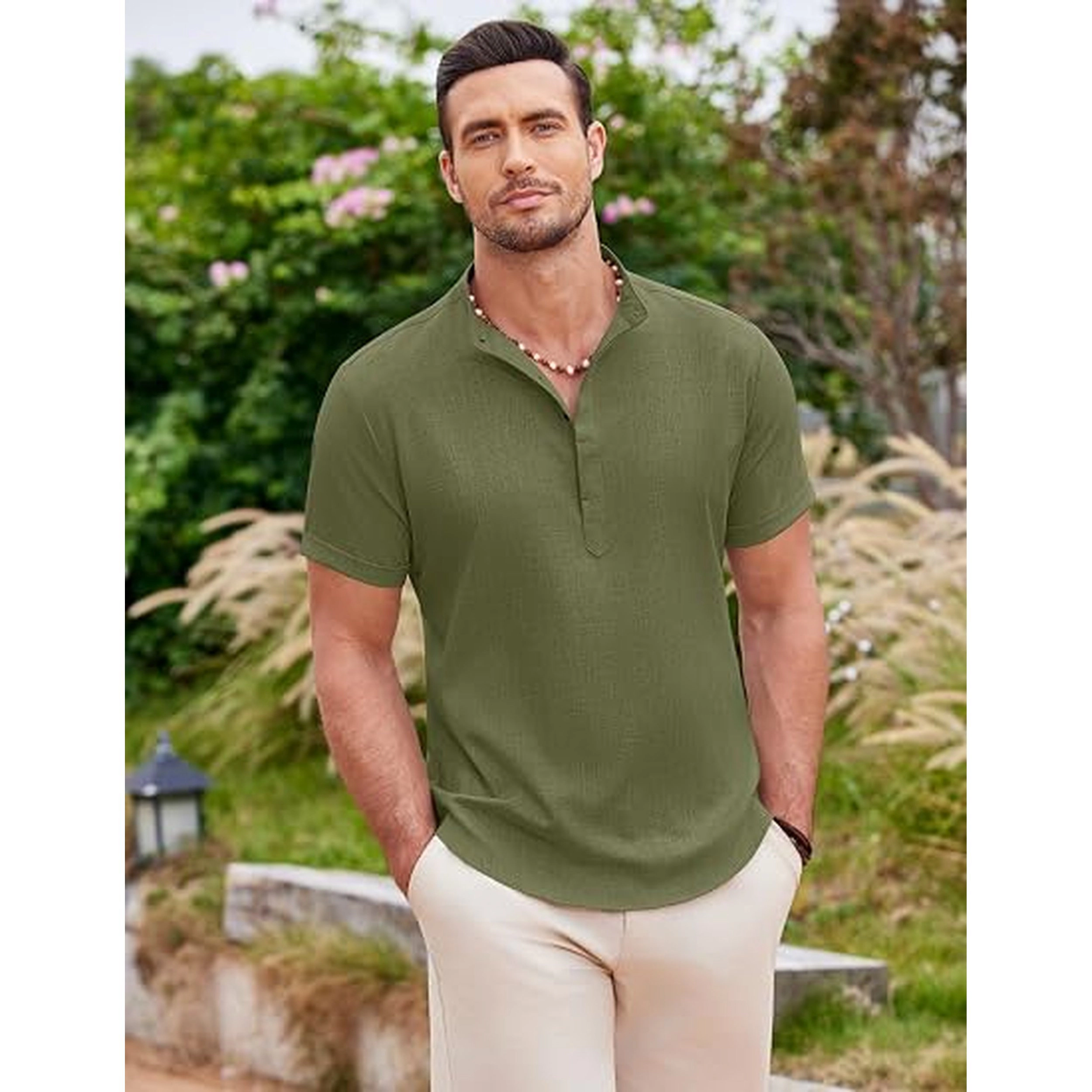 COOFANDY Mens  Short Sleeve Henley Shirts V Neck Button Striped Casual Tops