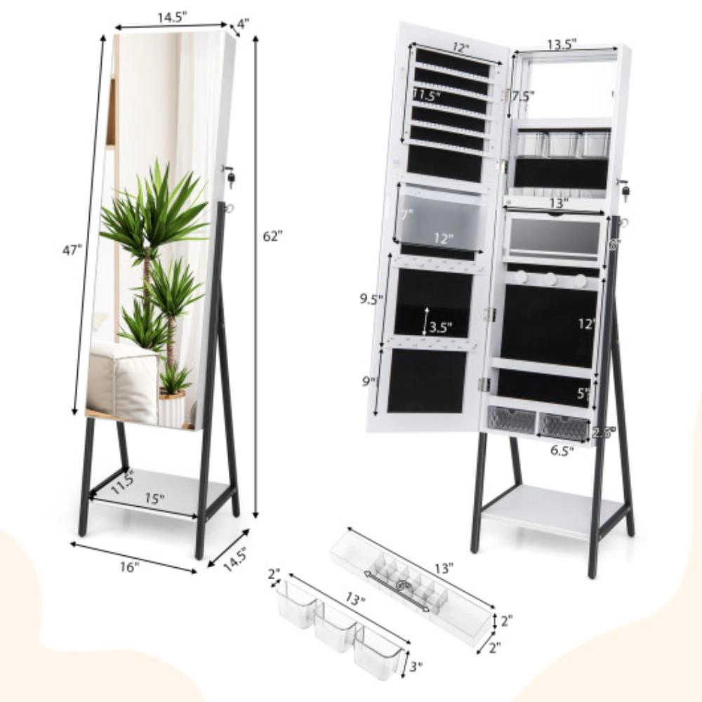 Hivvago Freestanding Jewelry Cabinet with Full-Length Mirror-White
