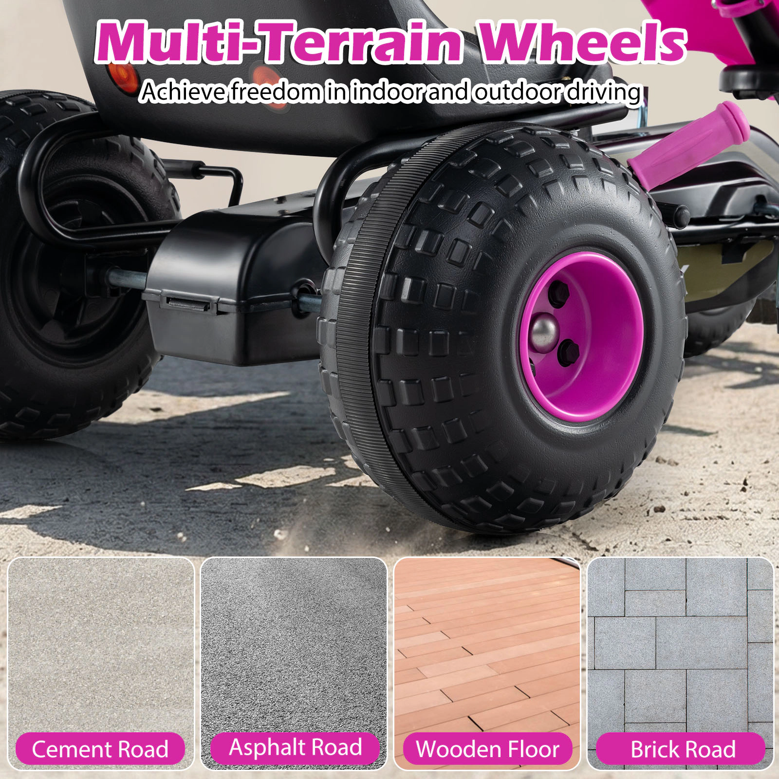 Kids Pedal Go Kart Gear Shifter Side Handbrake 25-Degree Steering Limit Riders 39-in to 61-in Tall Pink Ride On Toy