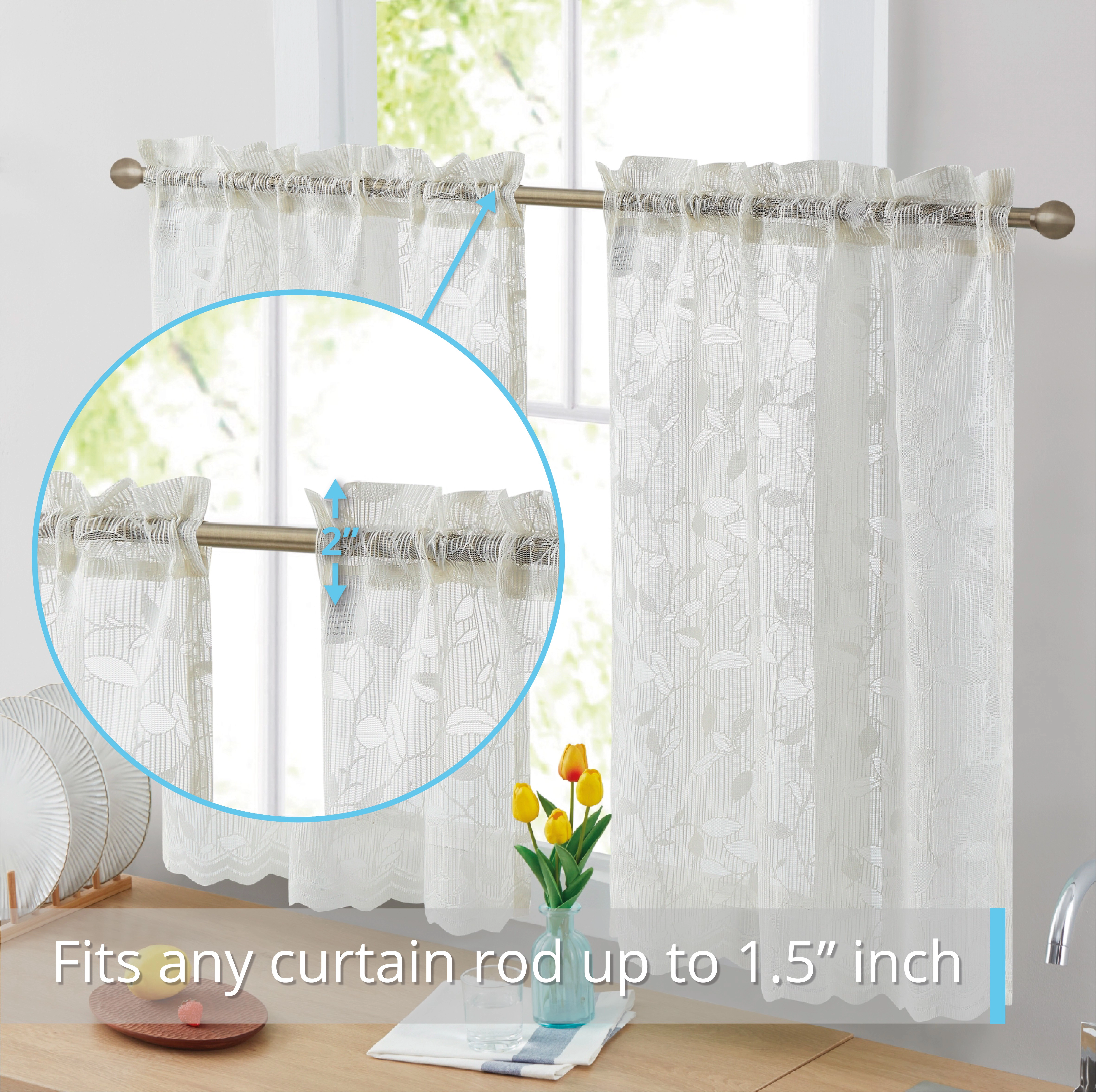 HLC.ME Joyce Lace Sheer Kitchen Cafe Curtain Tiers for Small Windows, & Bathroom - Set of 2