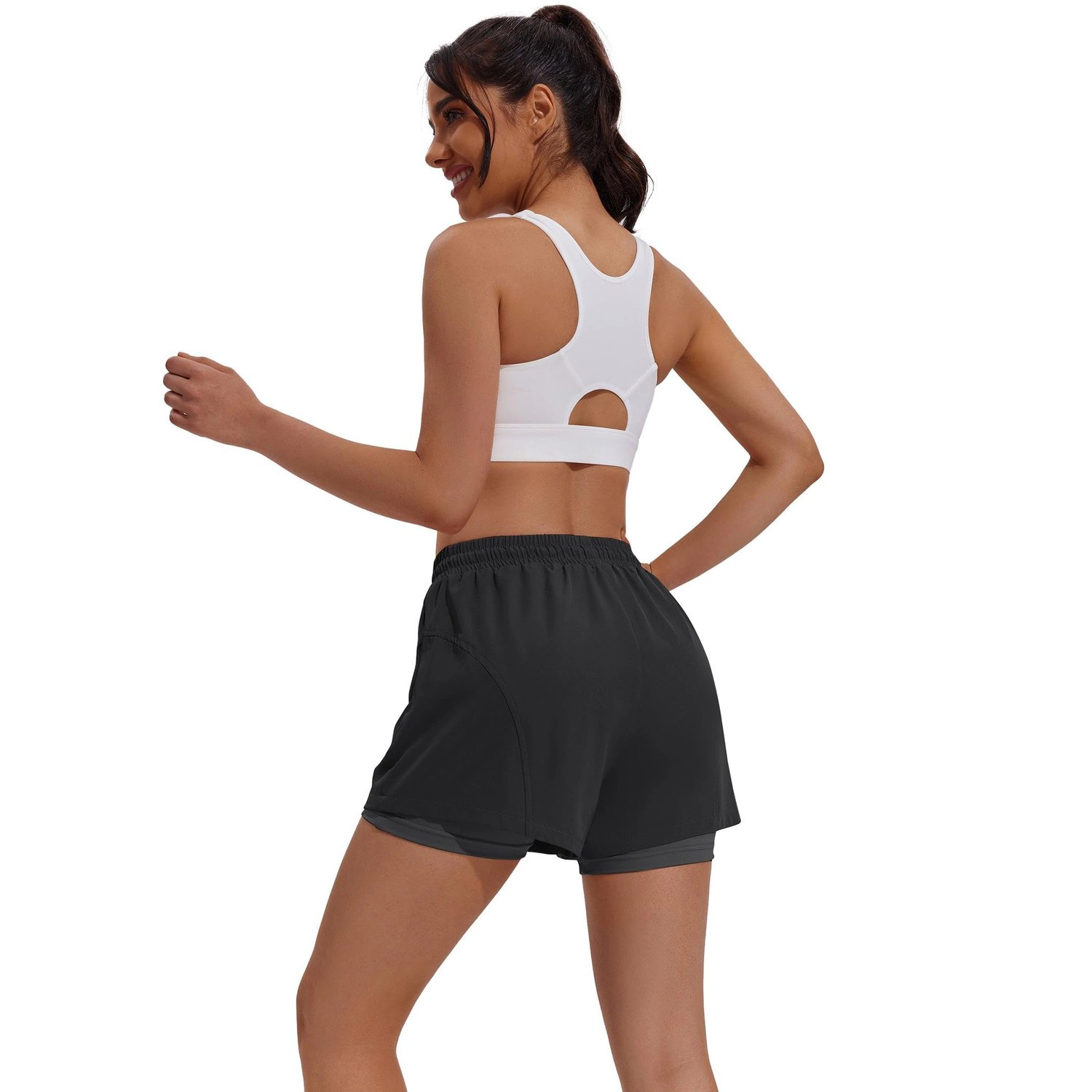 Pinspark Womens 2-in-1 Running Shorts Elastic Waist Drawstring Zip Pocket Gym