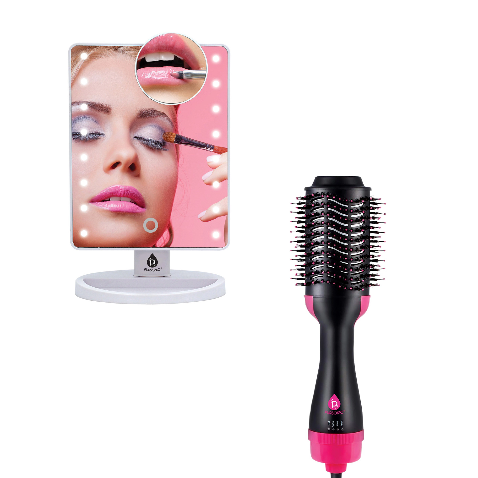 Pursonic Women’s Beauty Styling Set: Dimmable LED Vanity Mirror & One Step Volumizing Hair Dryer