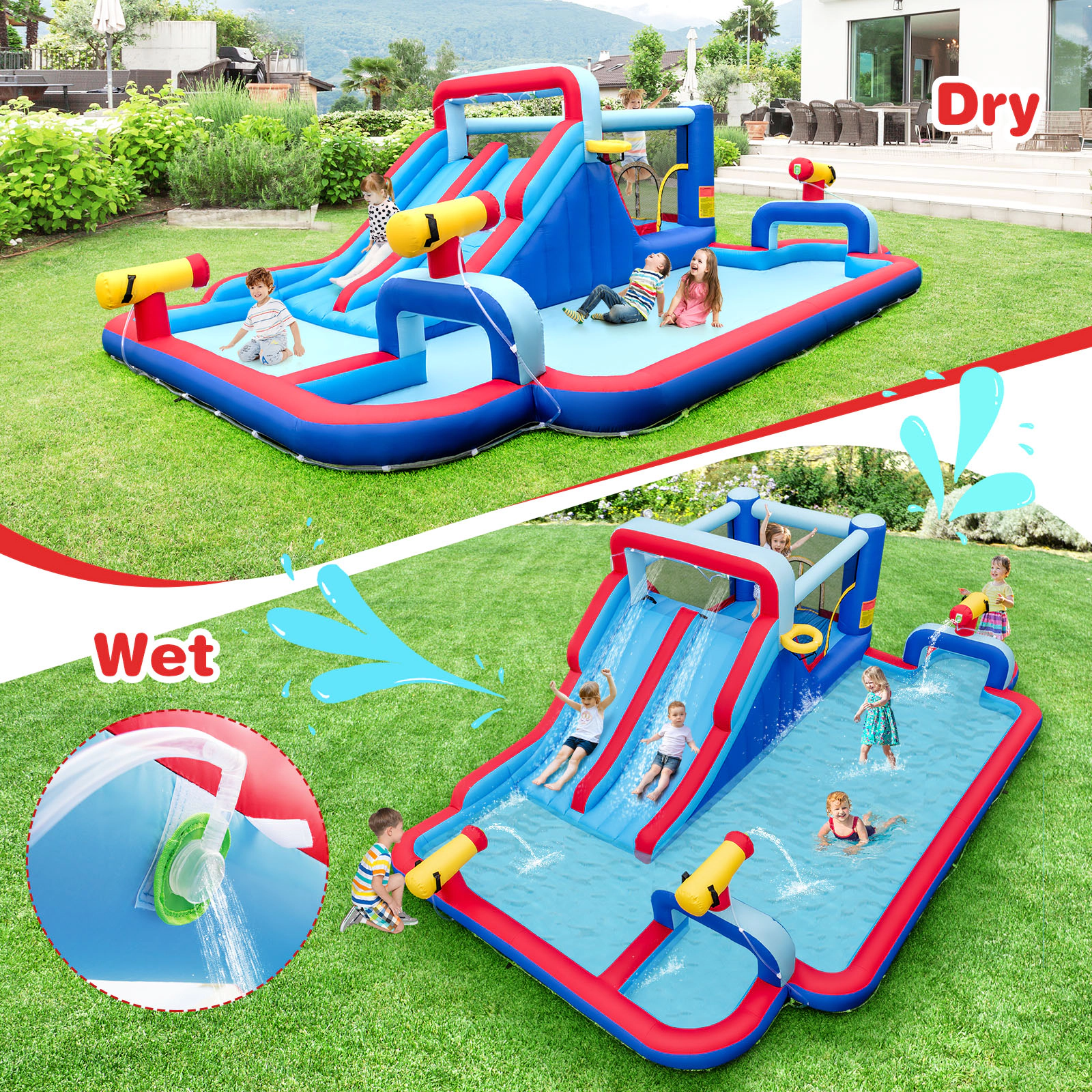 SUGIFT Inflatable Water Slide Bounce House Park Splash Pool 200-lb Capacity Ages 3-12 Multi-color 254.5 x 164.5 x 83 in