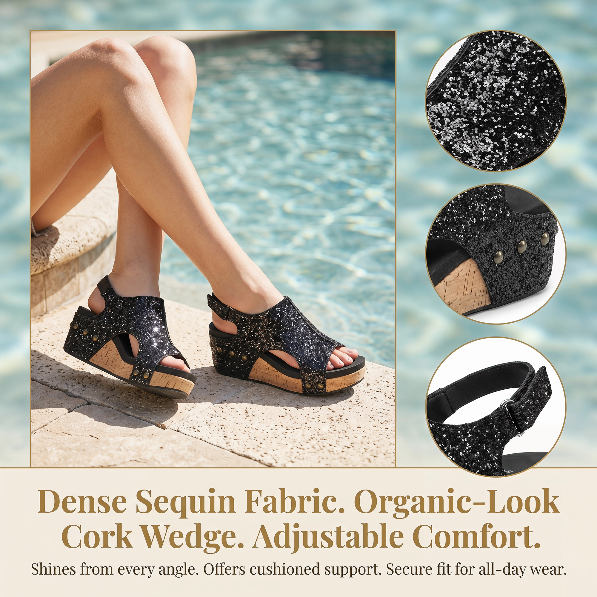 BLISSFUL STEP Women's Glitter Hollow Out Peep-Toe Platform Adjustable Sandals