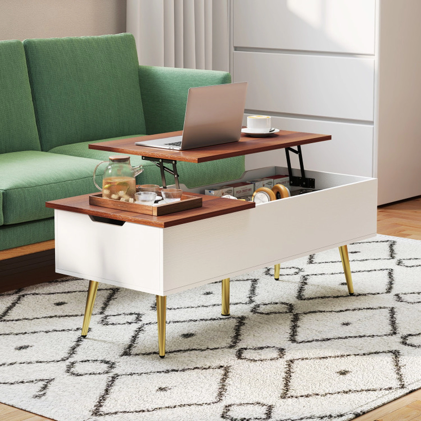 SUGIFT 47-in 132-lb Capacity Dual Pneumatic Lift Top Walnut Coffee Table with 2 Hidden Storage Compartments