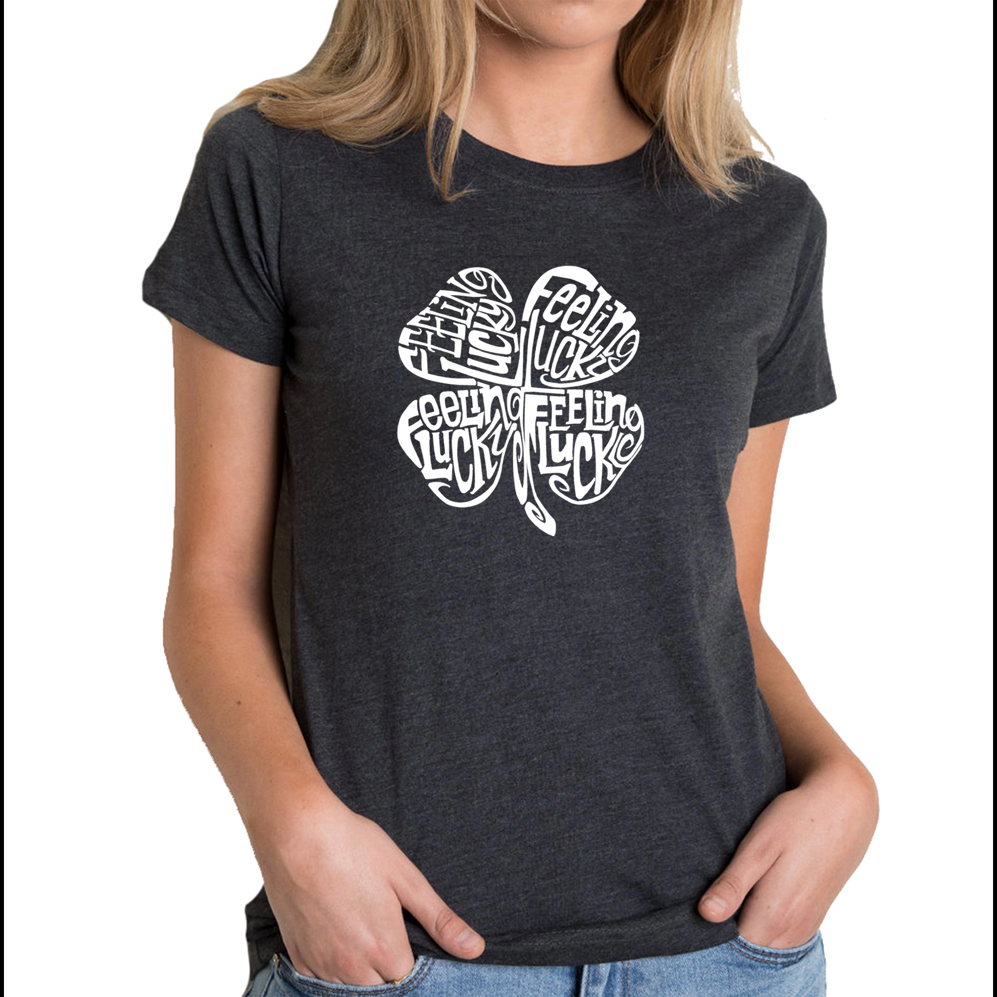 LA Pop Art Women's Cotton/Poly Blend Word TShirt - Feeling Lucky