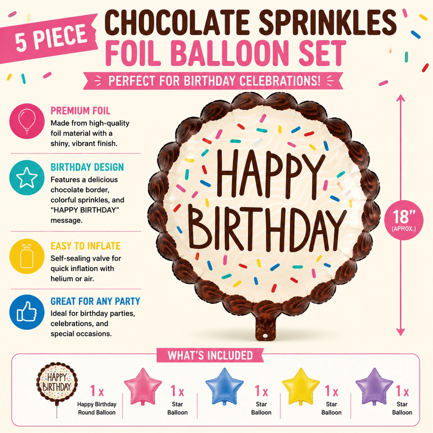 LoonBalloon Birthday Chocolate Sprinkles Foil Balloon 5-Pack