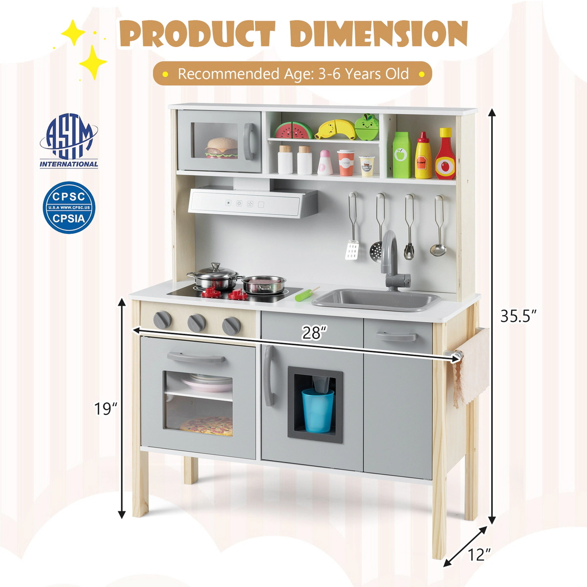 SUGIFT Wooden Pretend Play Kitchen Set with Microwave Range Hood Oven Sink and Ice Maker Ages 3-6 Years White