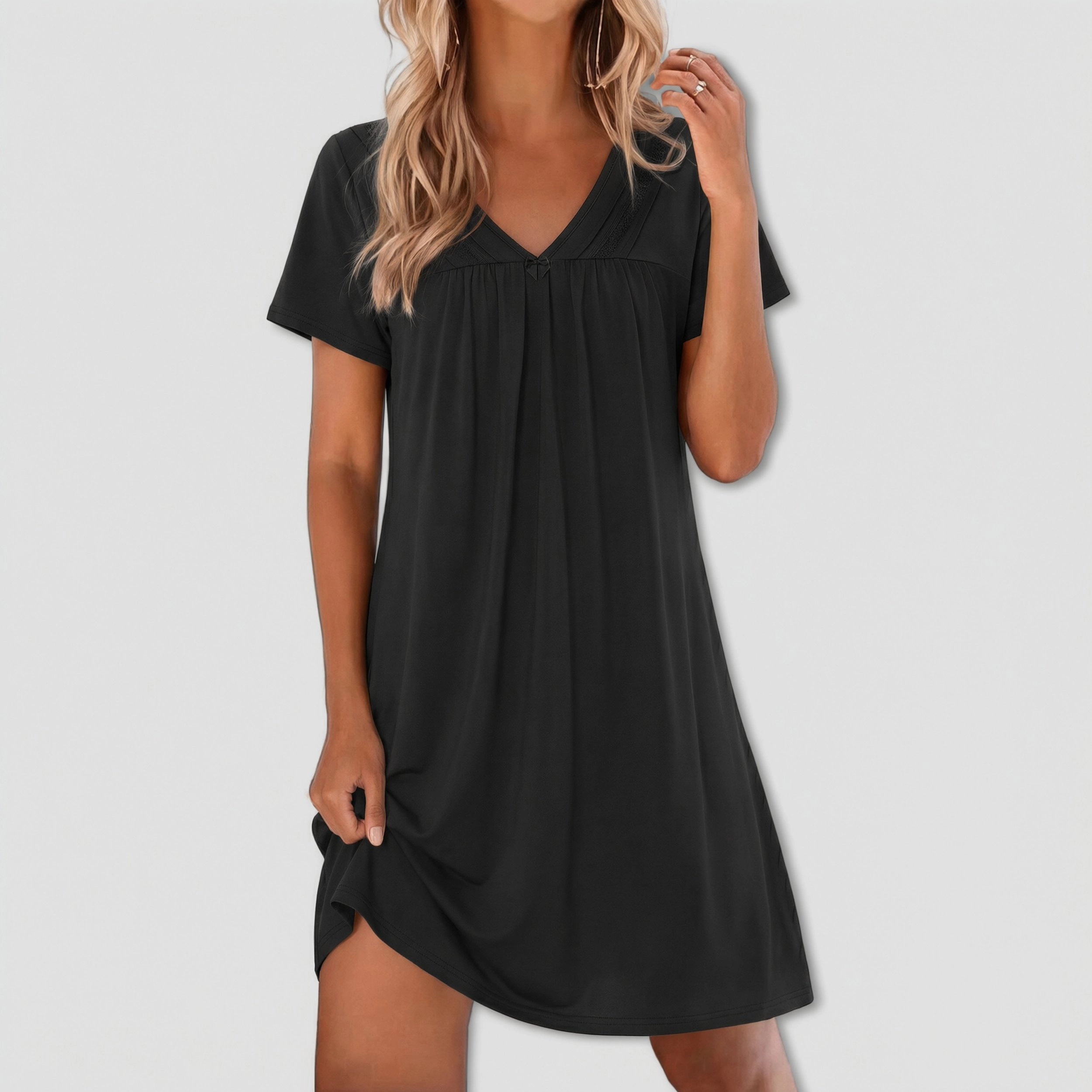 Ekouaer Nightgowns for Women V Neck Sleepshirt Short Sleeve Lace Trim Nightgown with Pockets