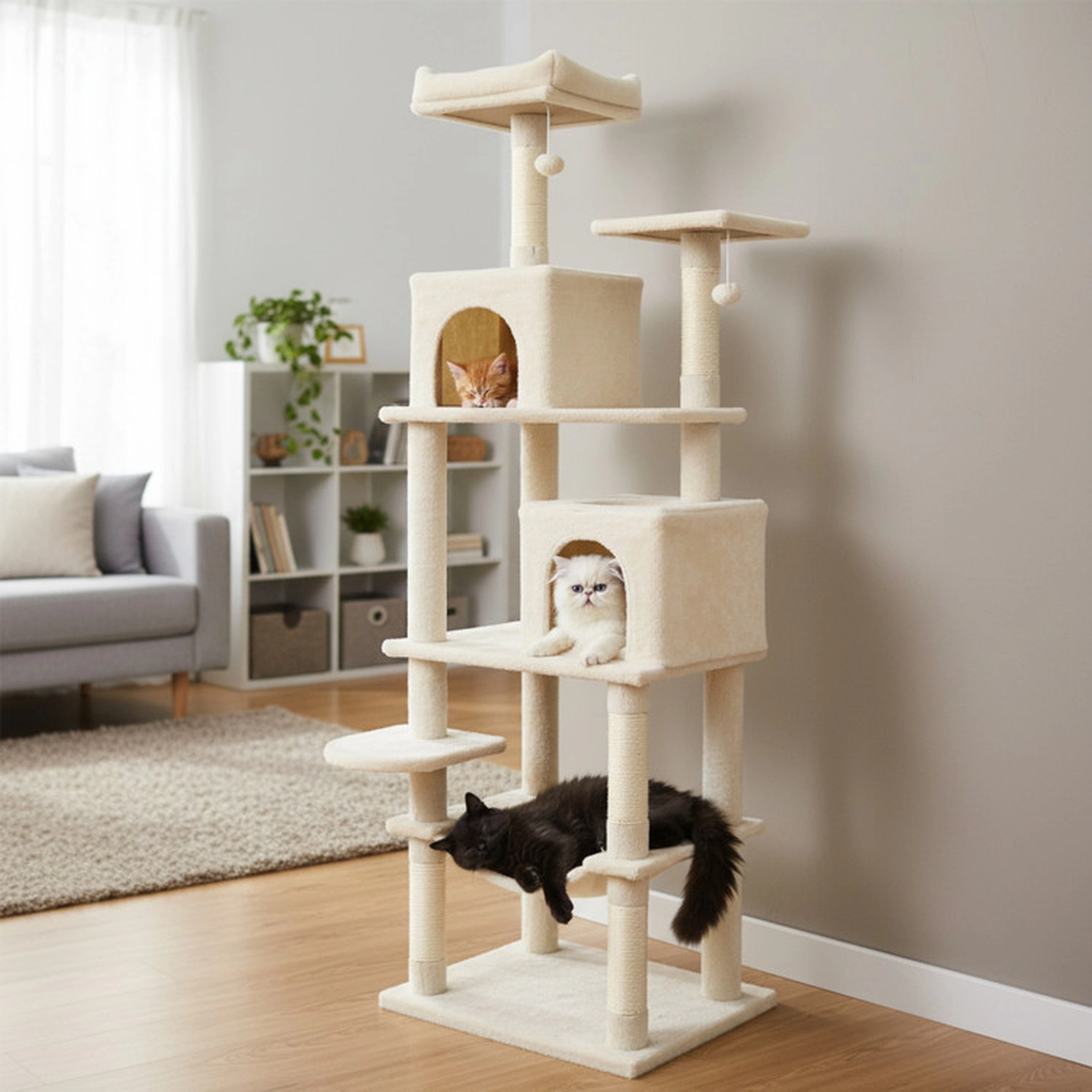 SUGIFT 58 Modern Cat Tree with 2 Condos Upholstered Perch and Hammock