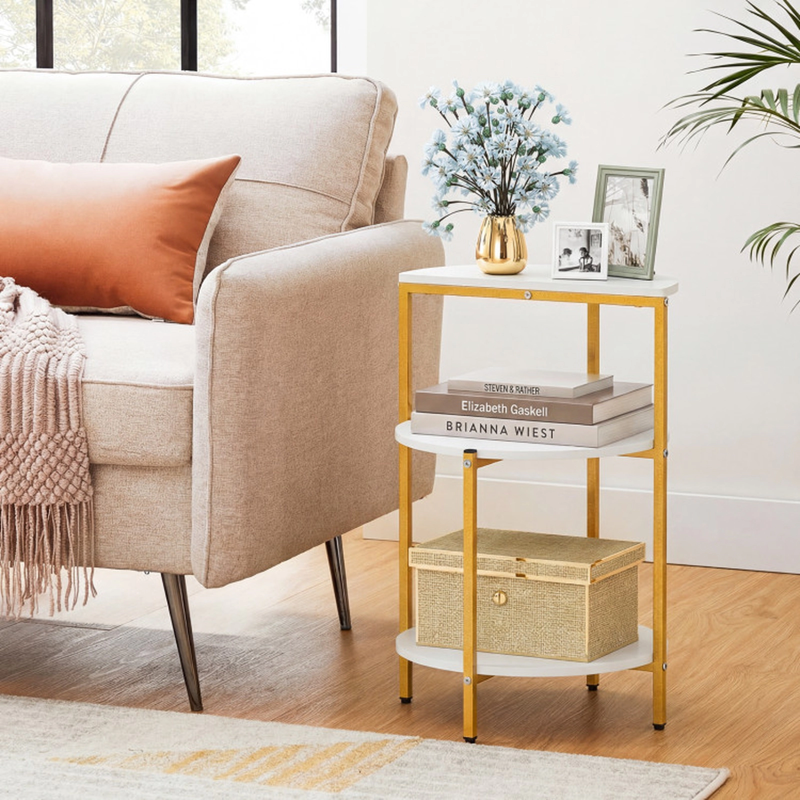 SUGIFT 2 Piece Round Engineered Wood Metal Frame 3 Tier Storage End Table Set White
