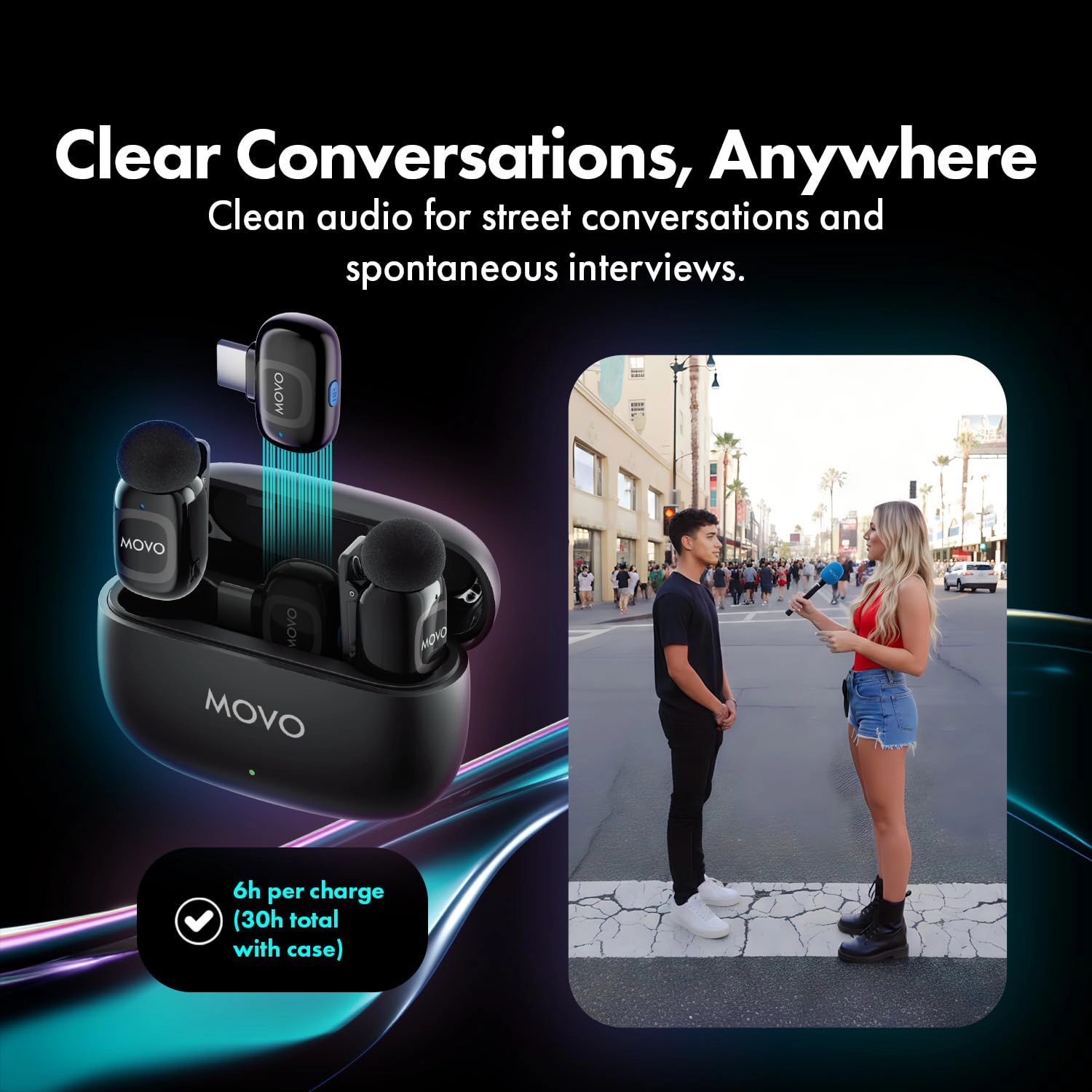 Movo NanoMic Wireless USB-C Mic Kit with Interview Handle — Dual Street Interview Mic for iPhone 15/16/17+, Android