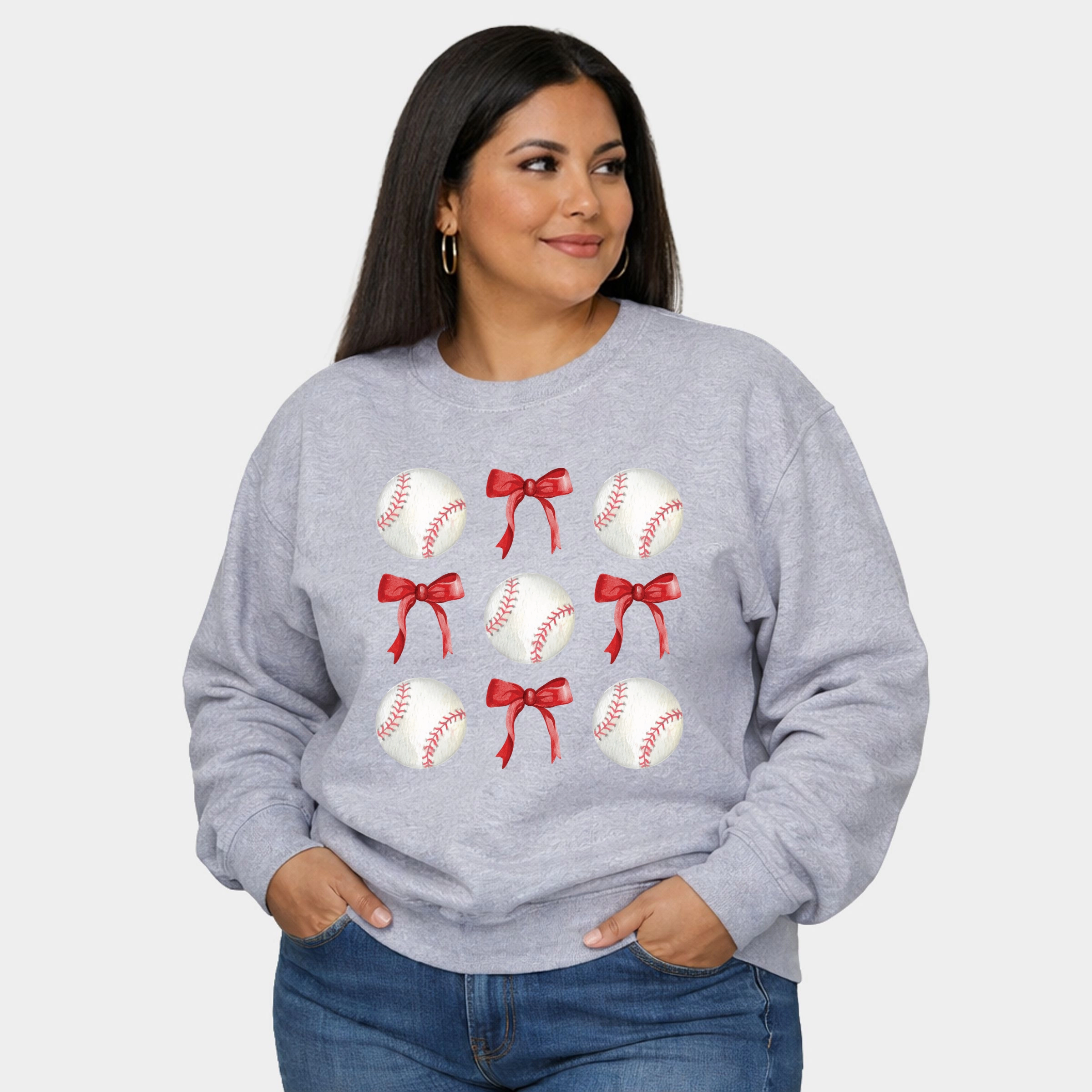 Simply Sage Market - Baseballs and Red Bows Watercolor  Women's Plus Sized Graphic Sweatshirt