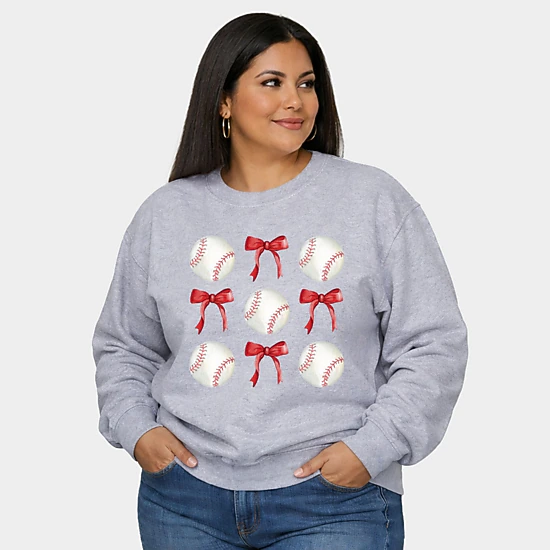 Simply Sage Market - Baseballs and Red Bows Watercolor -  Women's Plus Sized Graphic Sweatshirt