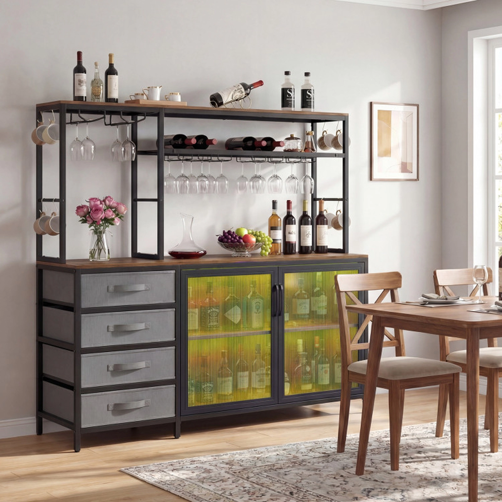 SUGIFT LED-Lit Sideboard Buffet Cabinet with Charging Station 88-lb Tabletop Rustic Brown