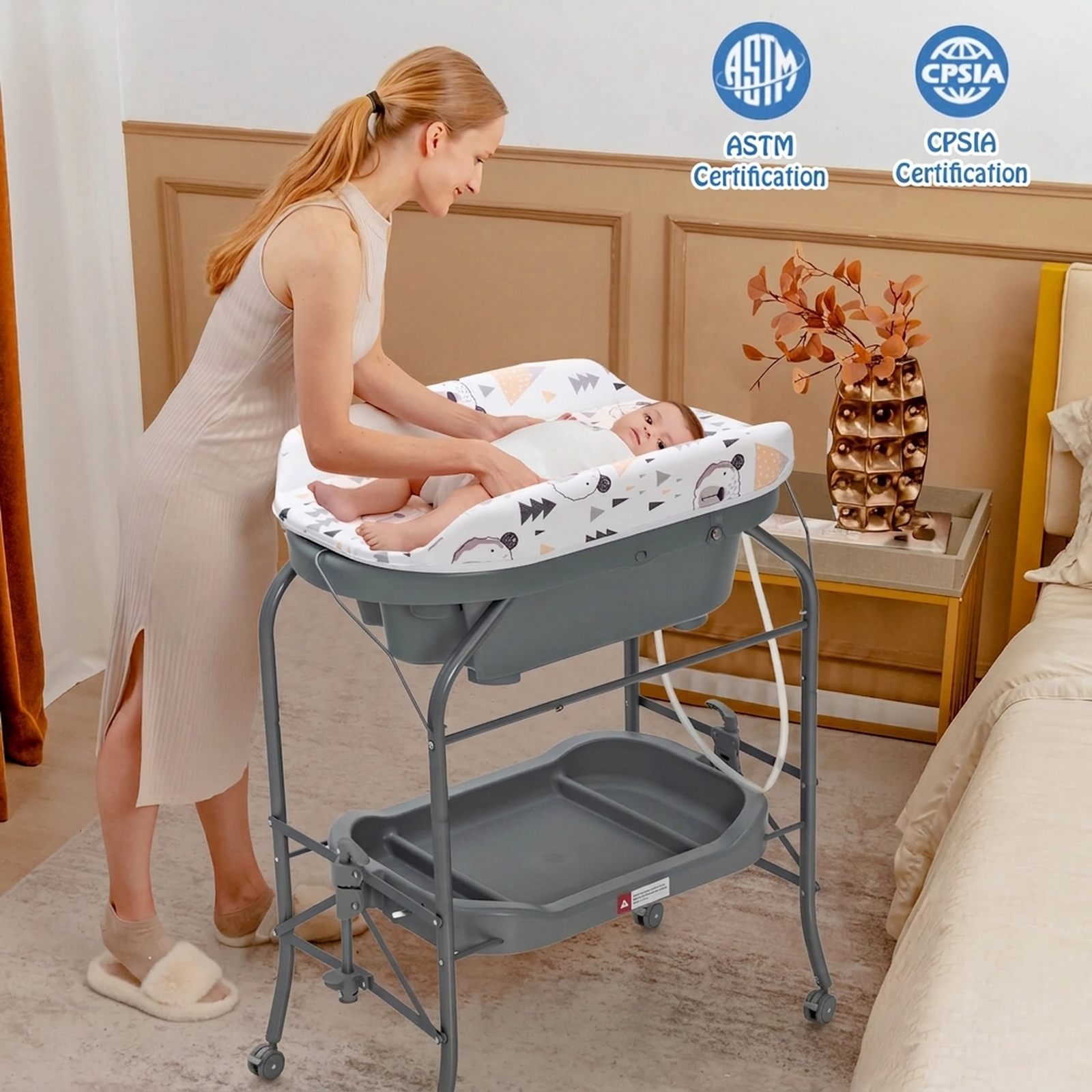 SUGIFT Portable Baby Changing Table with Storage Basket and Shelves 33-lb Bathtub Capacity Ages 0-12 Months Gray