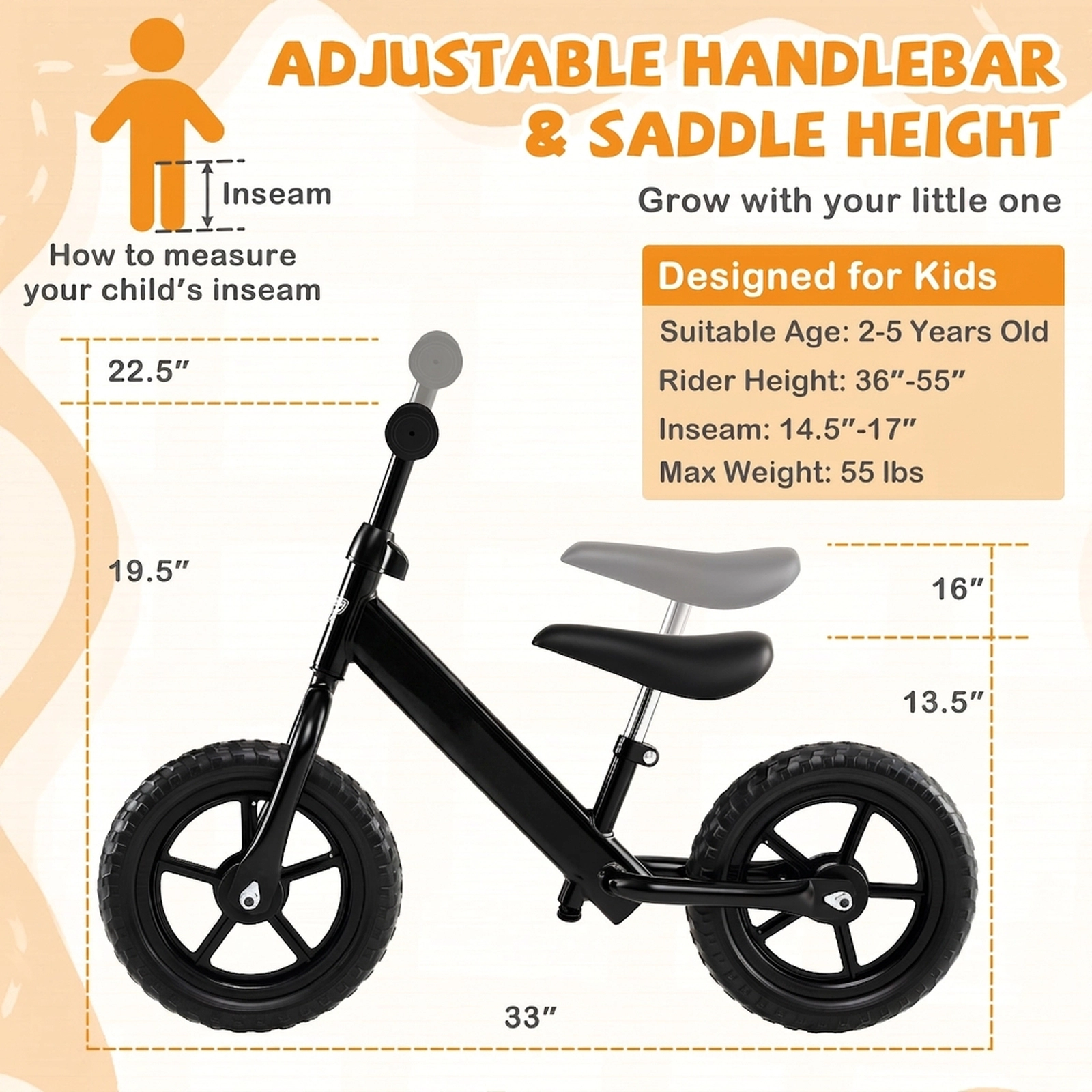 Toddler Balance Bike Ages 2-5 Adjustable Seat 11-in Puncture-Free Tires 6.3-lb Carbon Steel Frame