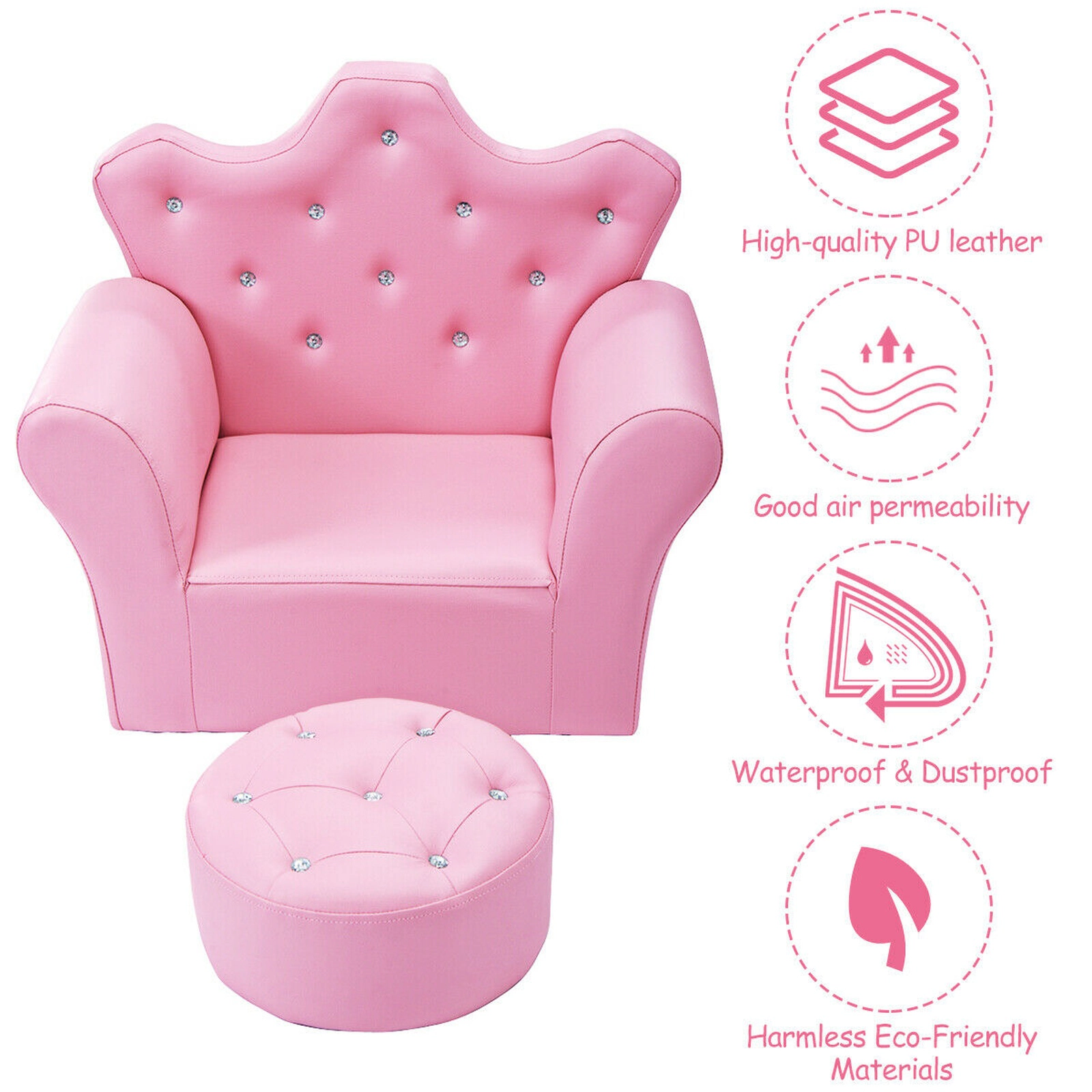 SUGIFT Crystal Button Tufted Back and Matching Ottoman Kids Sofa Armchair